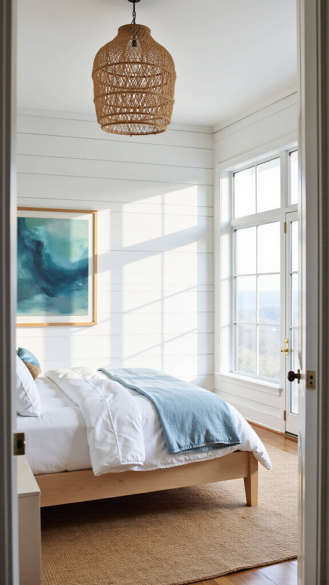 Modern coastal bedroom with white shiplap walls, bleached oak bed, white and pale blue bedding, rattan pendant, jute rug, and morning light streaming through floor-to-ceiling windows.