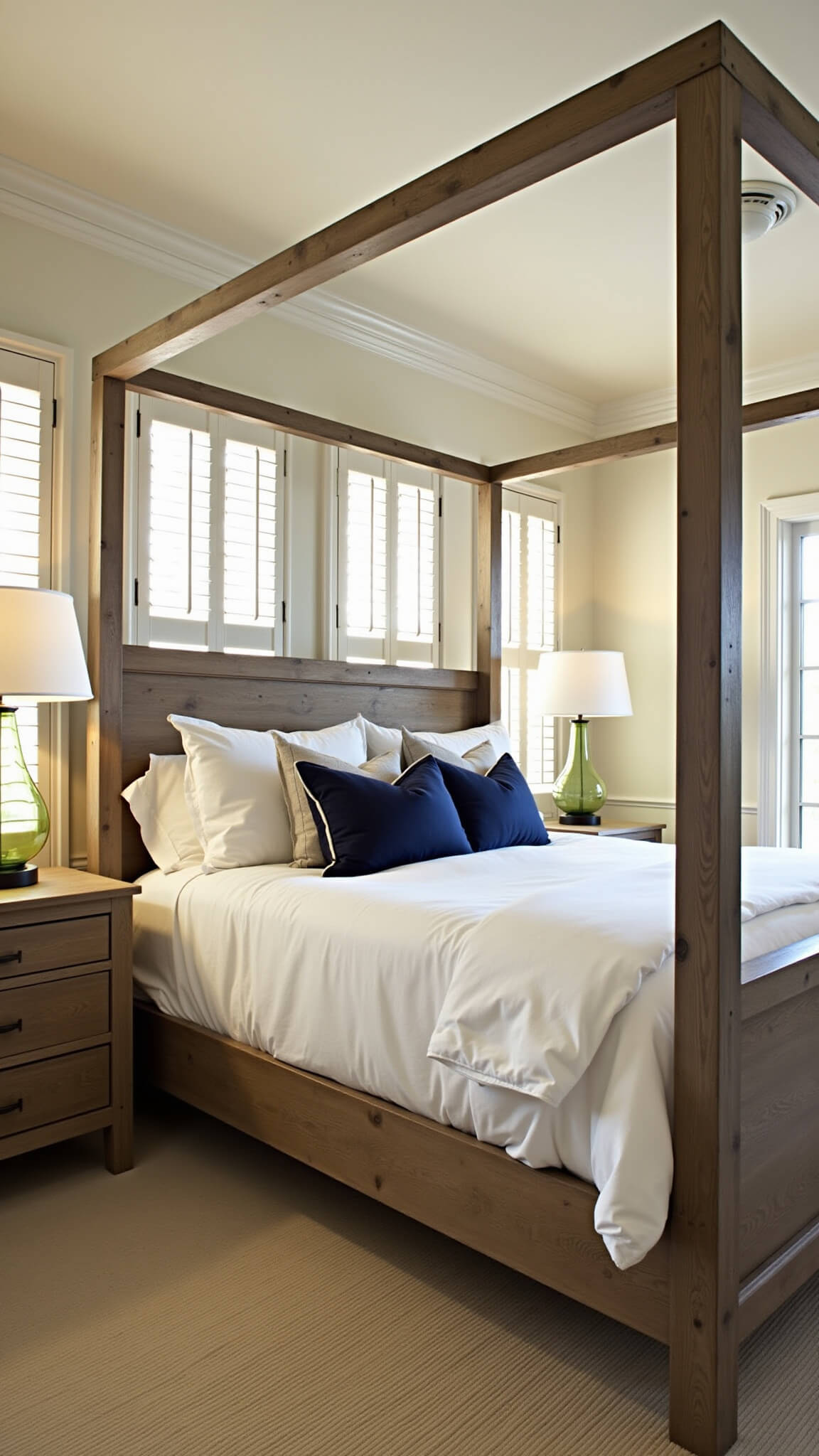 Traditional coastal master bedroom with weathered canopy bed, white wainscoting, and warm sunset light through plantation shutters.