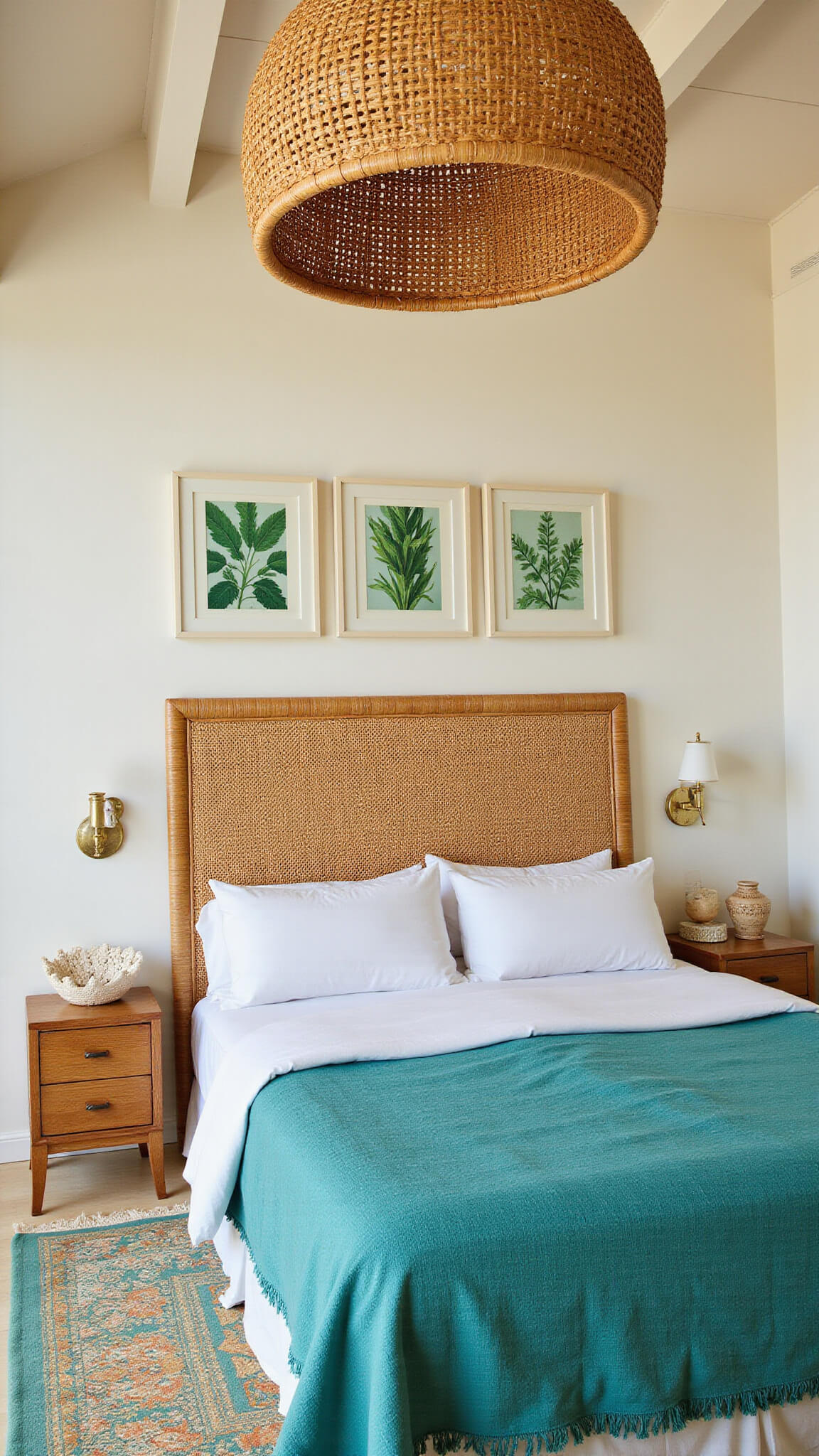 Tropical coastal guest room with rattan headboard, emerald botanical prints, layered rugs, and teak dresser styled with coral and pottery.