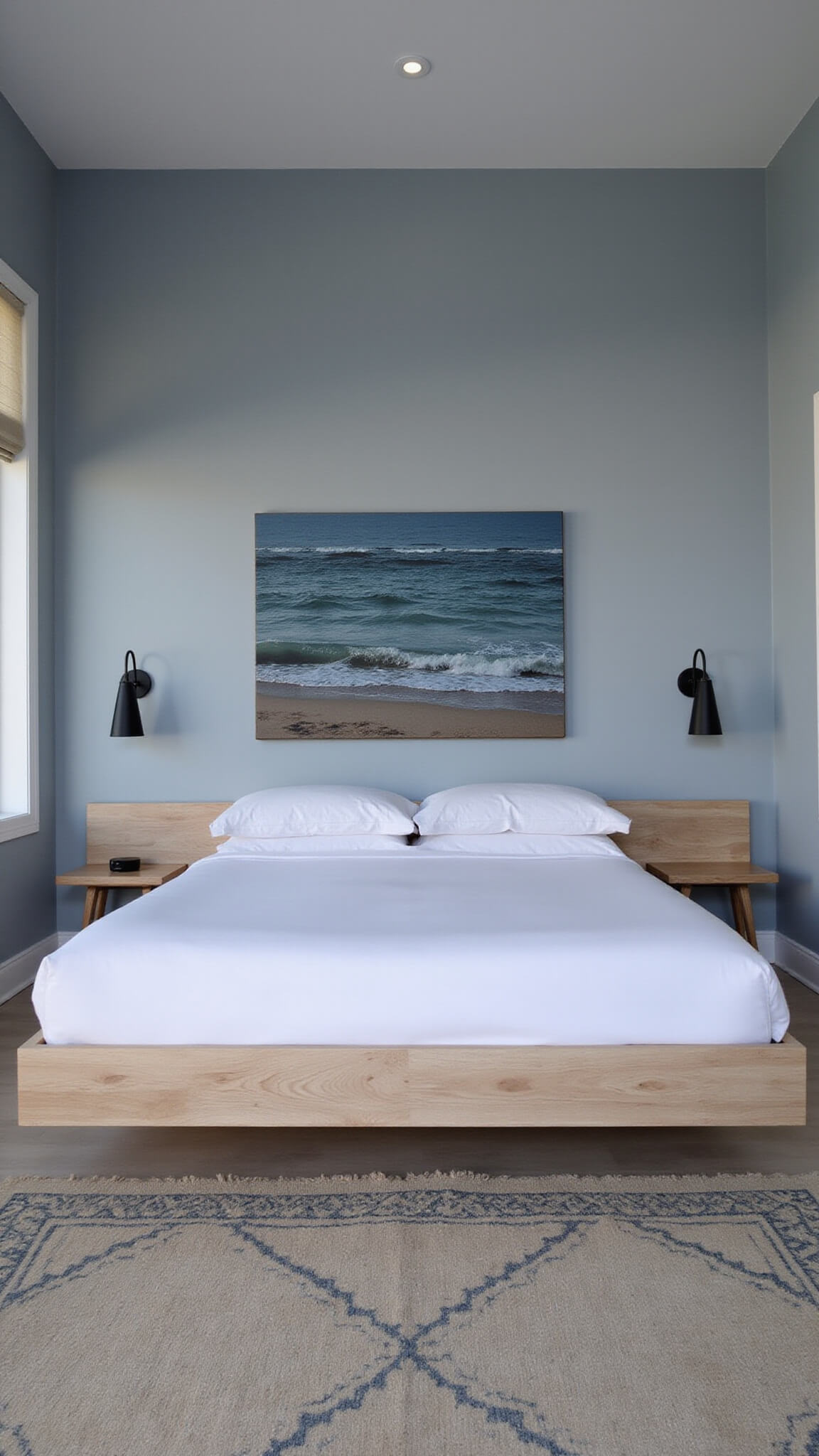 Minimalist coastal bedroom at dusk with floating bleached teak bed, pale gray-blue walls, abstract seascape art, cream Moroccan rug, and matte black sconces.