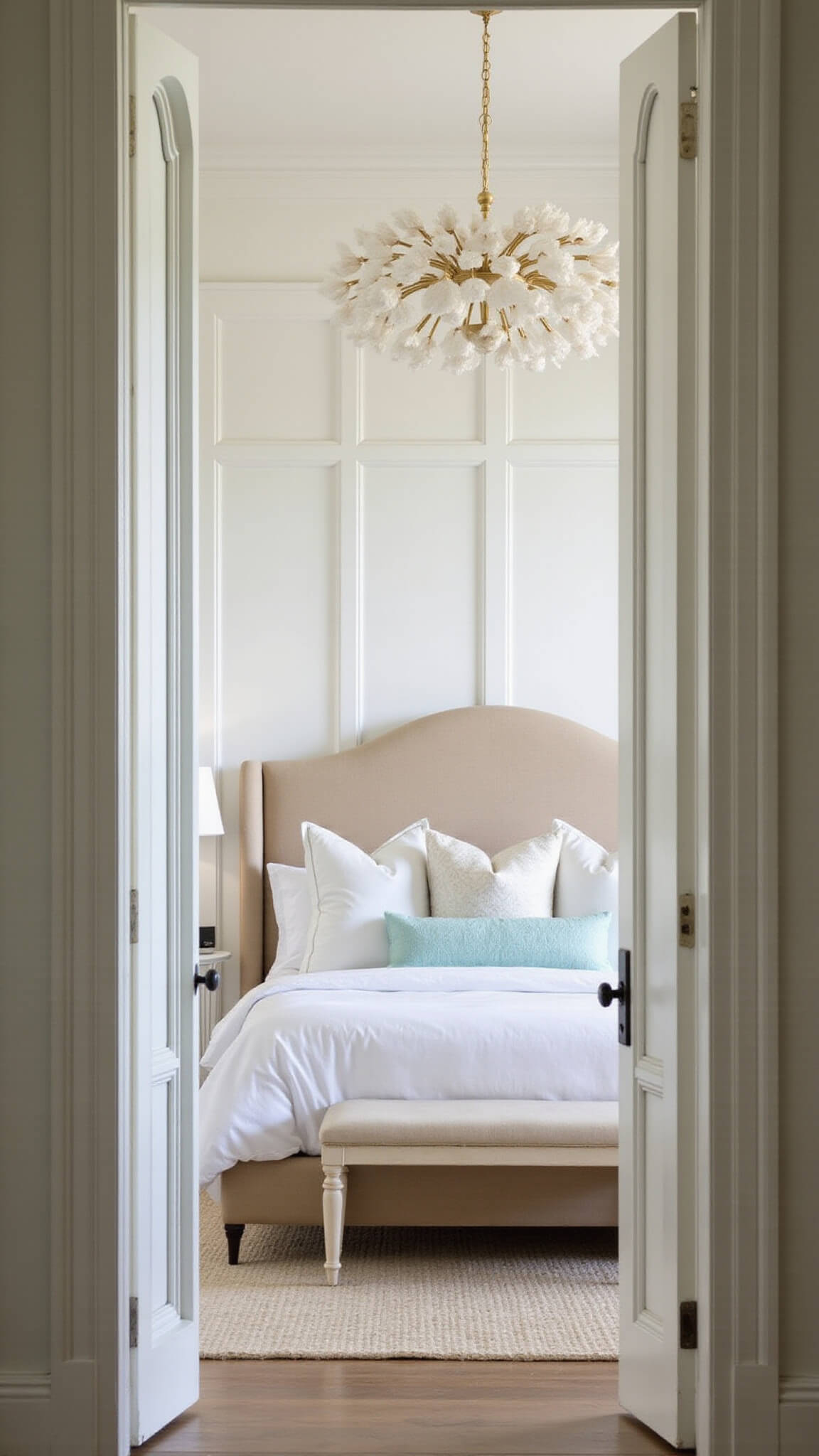 Coastal primary bedroom at dawn with linen headboard, layered bedding, and capiz chandelier, viewed through French doors.