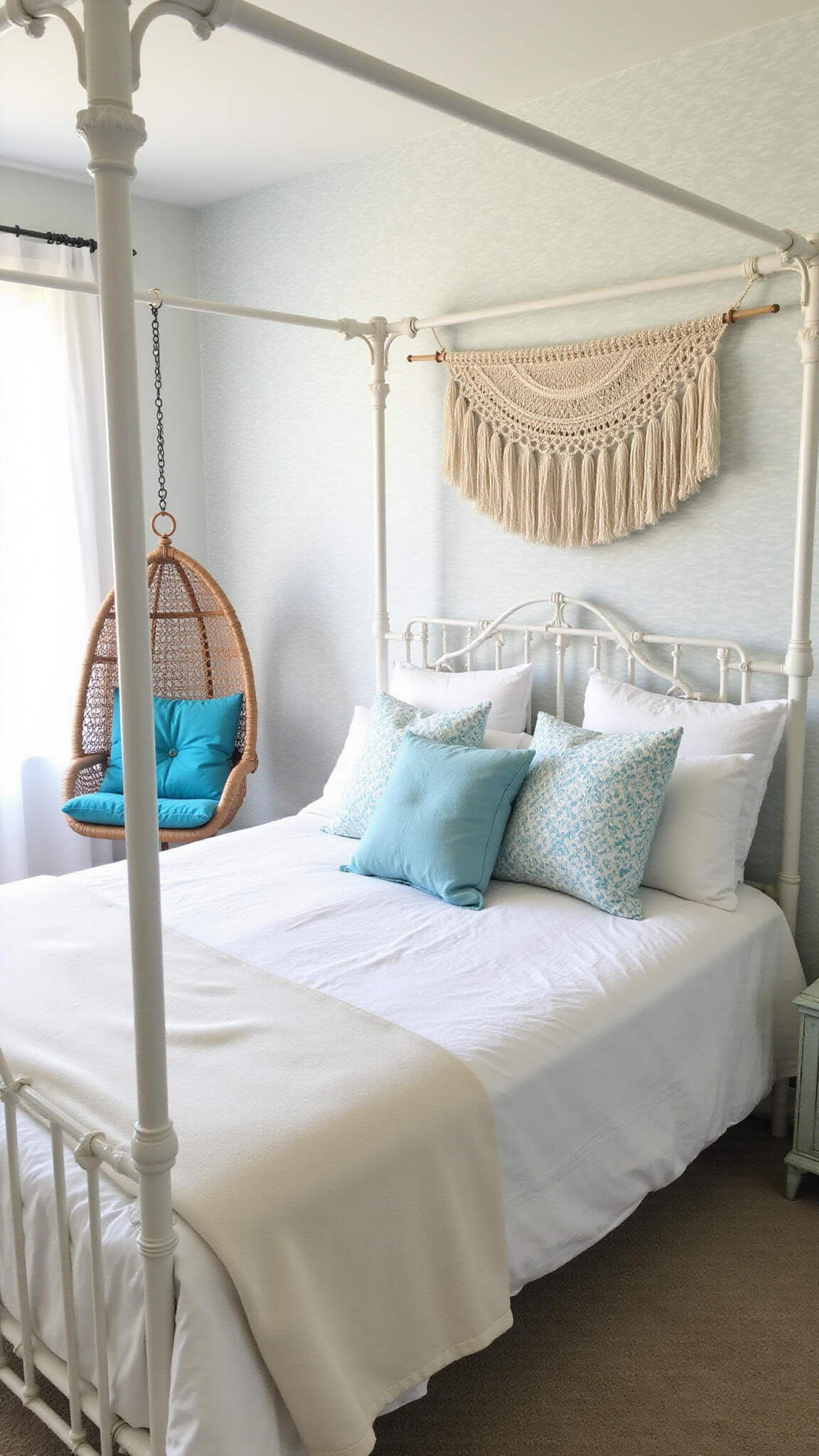 Coastal-themed teen bedroom with white canopy bed, rattan hanging chair, and wave-patterned accent wall in soft afternoon light.