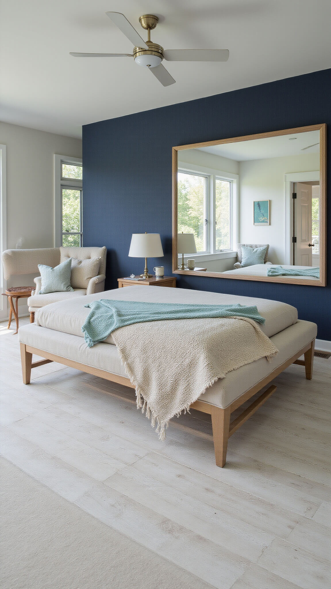 Coastal guest suite at twilight with oatmeal upholstered bed, sea glass throws, navy accent wall, and whitewashed floors.