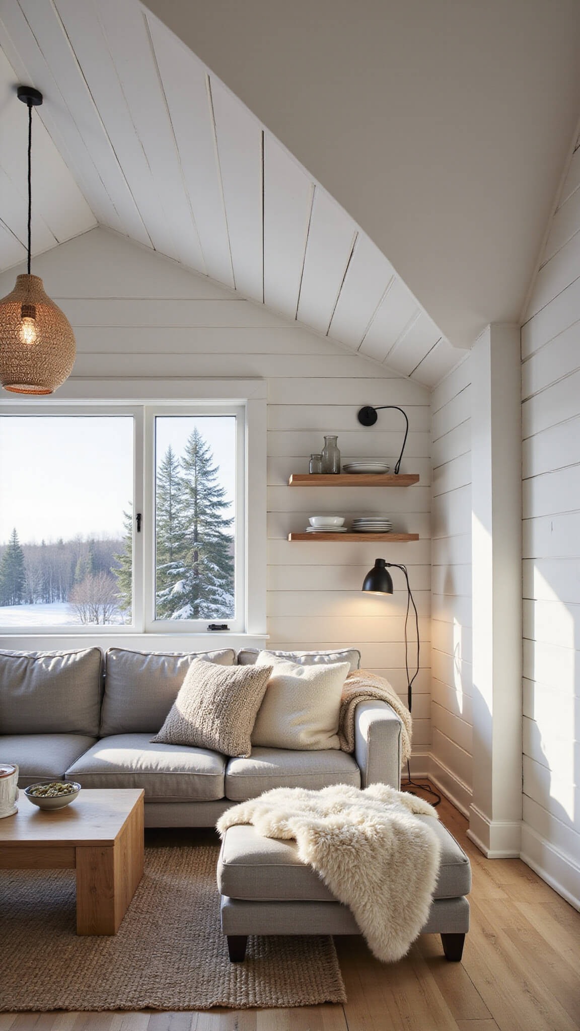 Nordic cabin living room with gray linen sofa, white shiplap walls, and exposed beams, bathed in golden hour light through large window framing snowy pines.