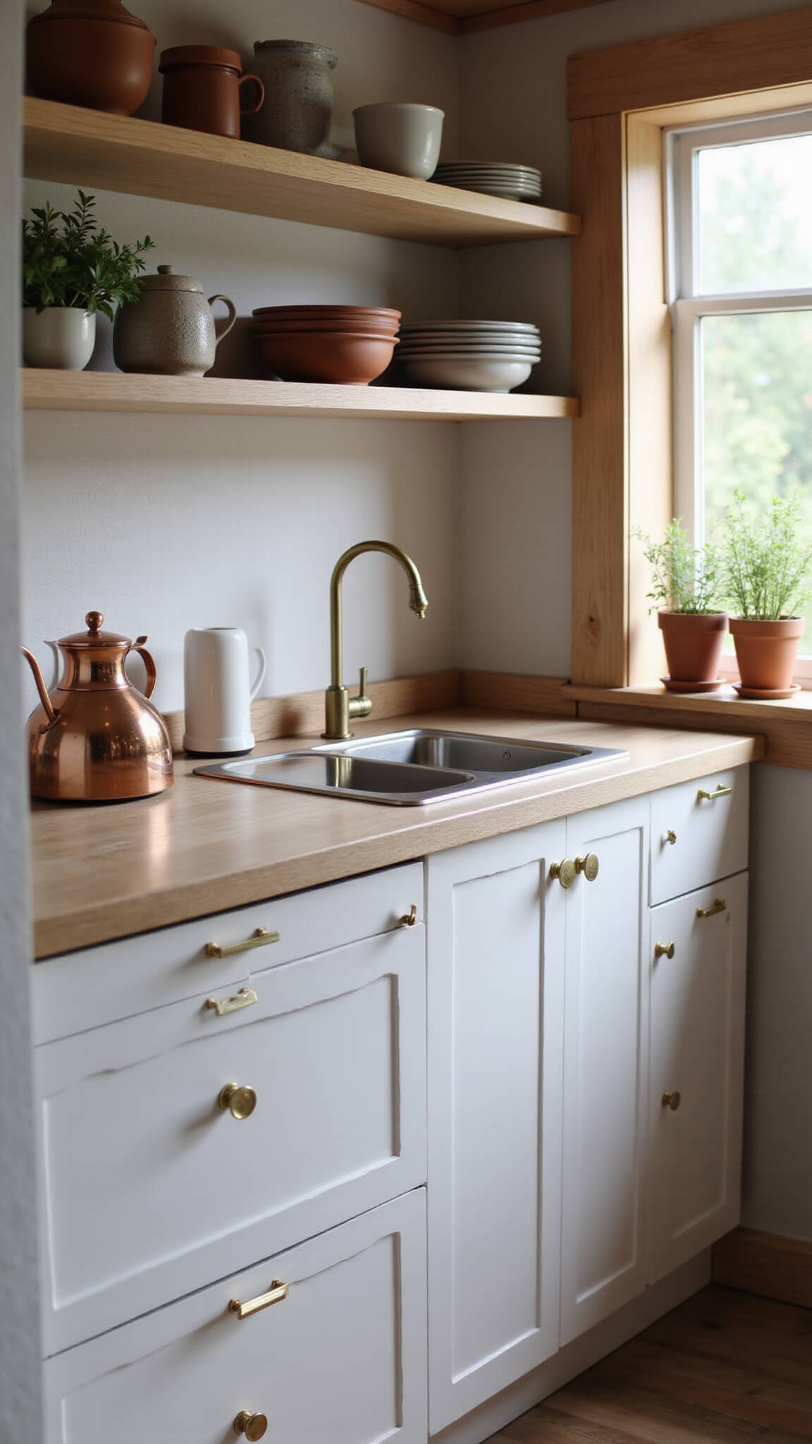 Nordic cabin kitchenette with white cabinets, oak countertops, copper kettle, and morning light streaming through window.