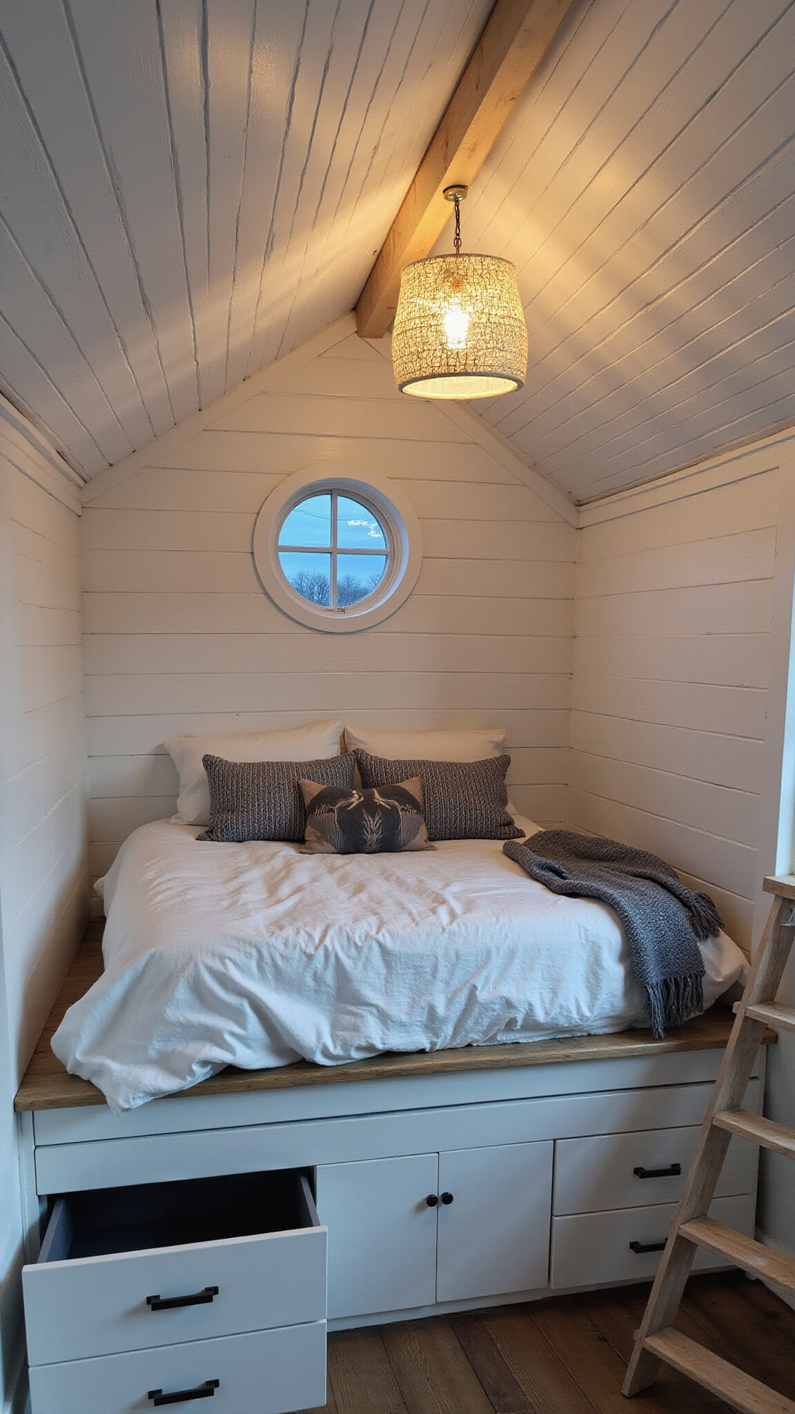 Cozy elevated sleeping loft with built-in bed, whitewashed pine walls, vintage ladder, and soft ambient lighting at dusk.