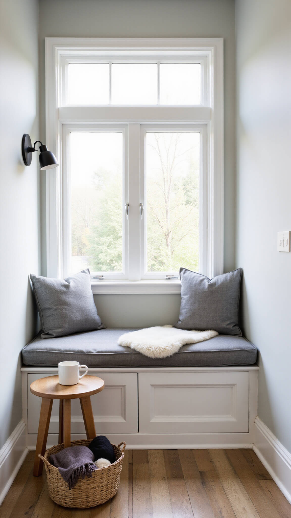 Cozy corner reading nook with built-in window seat, gray cushions, sheepskin, oak side table with mug, and woven basket beneath large picture window.