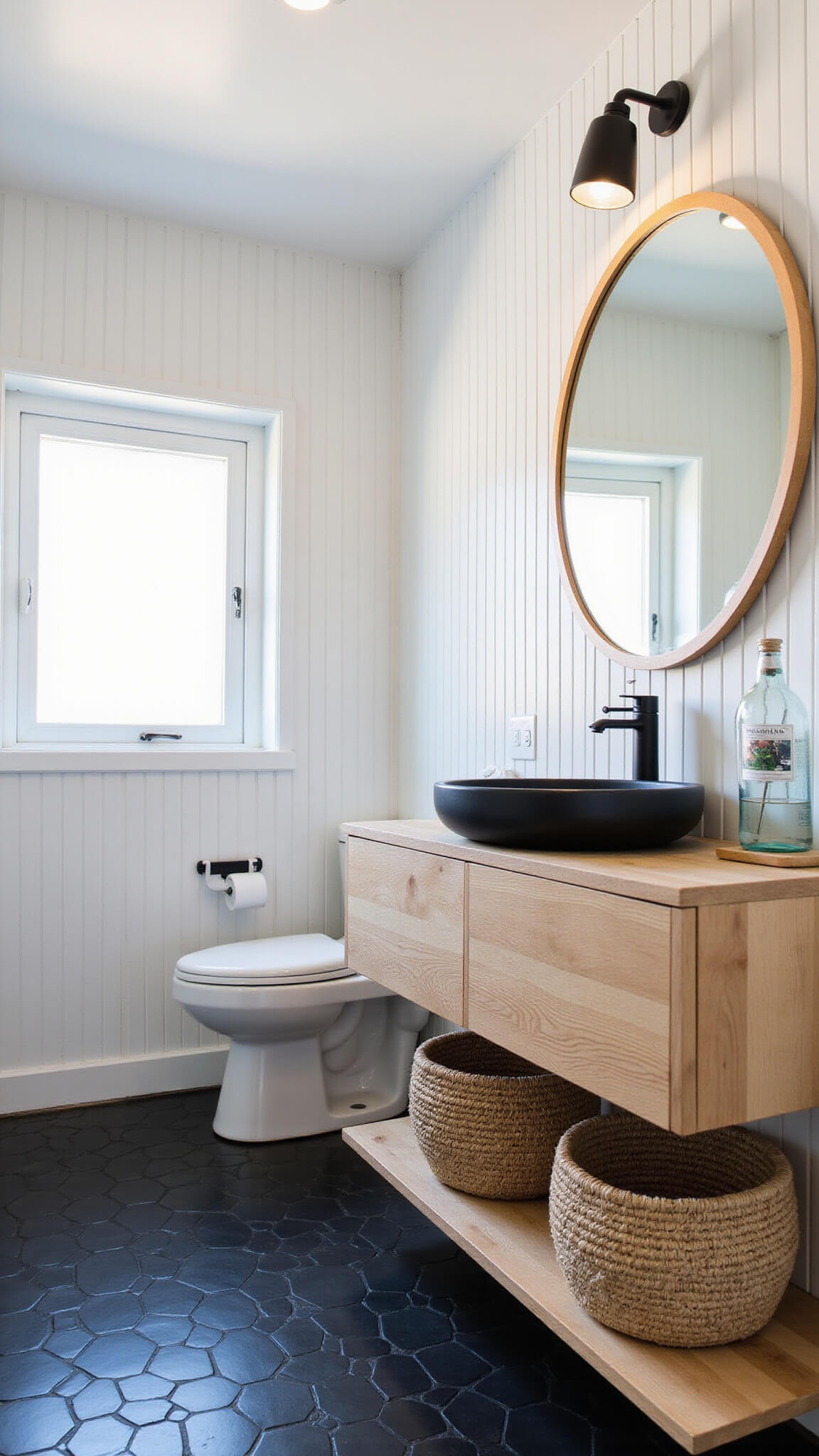 Spa-like bathroom with matte black hexagon floor tiles, white vertical subway walls, floating oak vanity, round mirror reflecting window light, and decorative glass bottles and baskets.