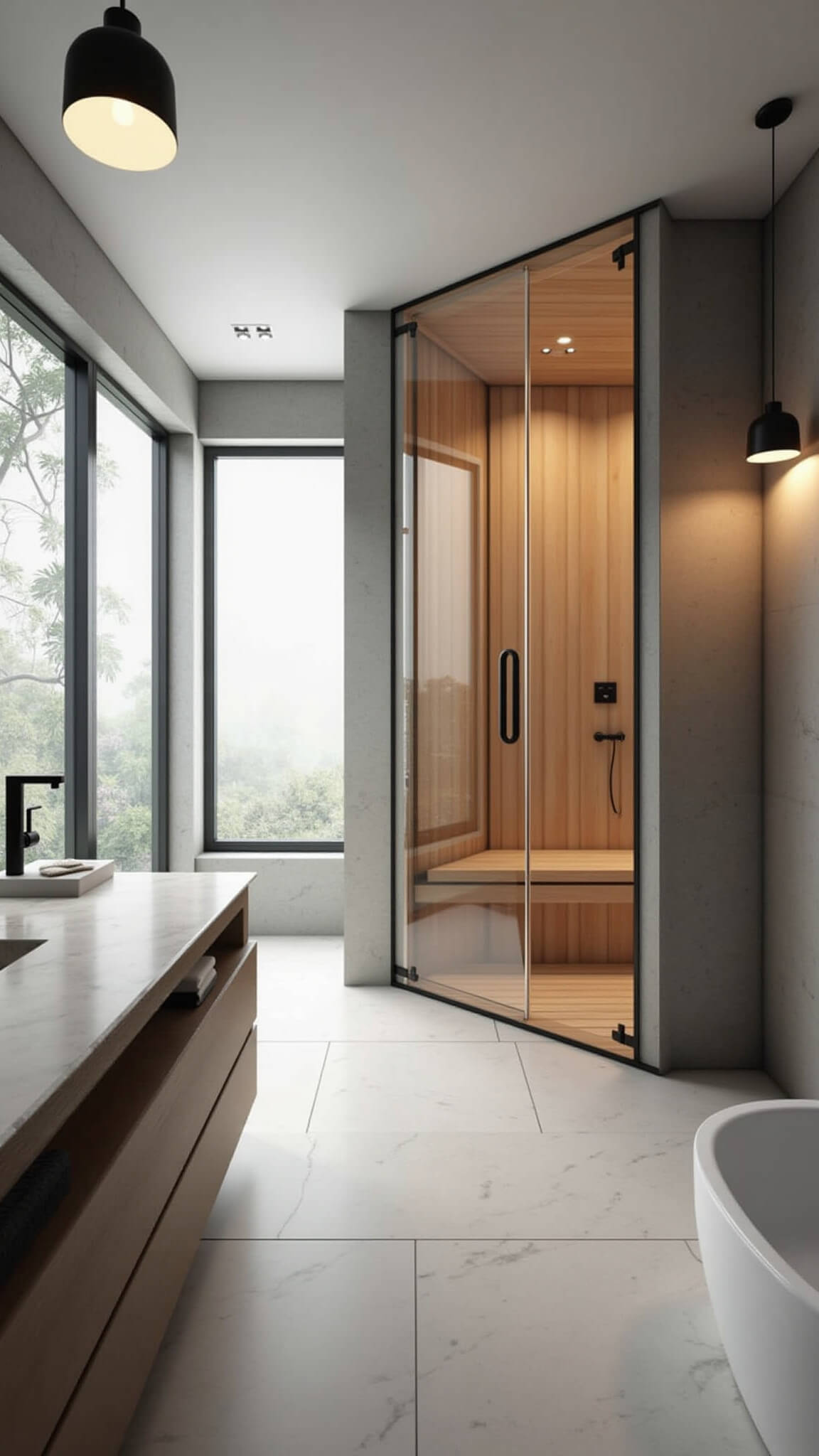 Luxury modern bathroom with glass-enclosed sauna, matte black fixtures, marble vanity, soaking tub, and soft morning light highlighting steam.