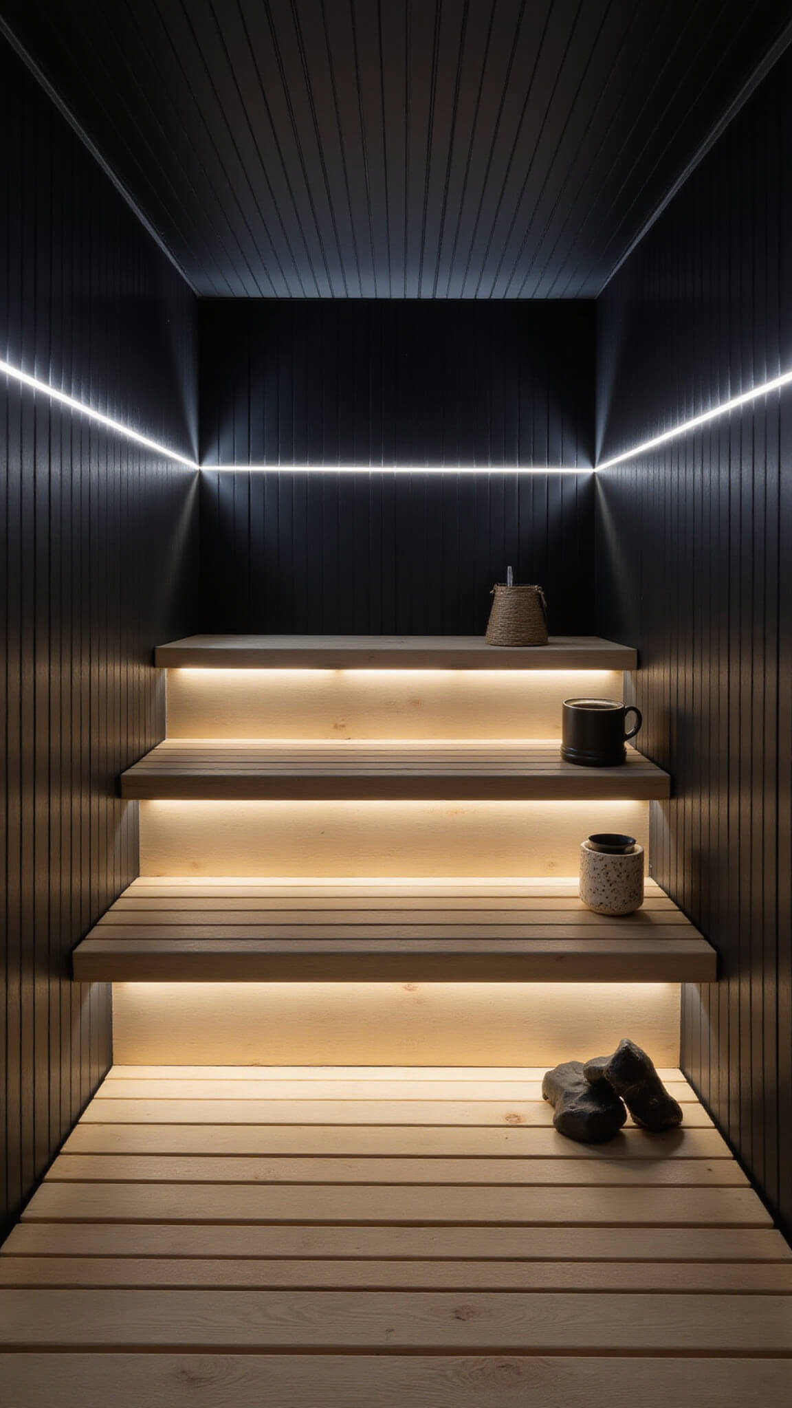 Minimalist indoor sauna with matte black panels, floating bleached ash benches, and hidden LED uplighting in a contemporary 10x12ft space.