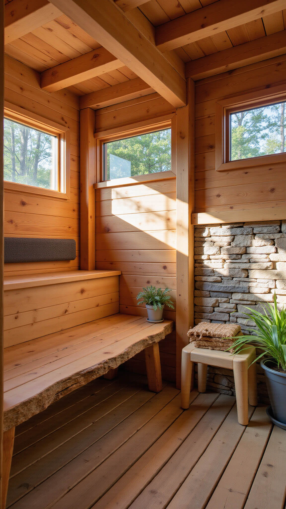 Cedar-clad 8x10ft sauna with stone accent wall, raw edge bench, potted plants, and warm afternoon light casting shadows through privacy windows.