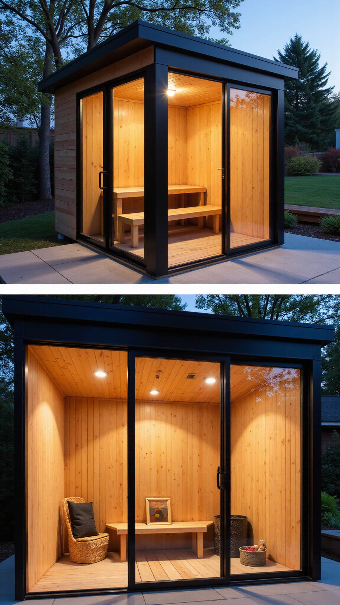 Freestanding 12x12ft glass-walled sauna pavilion with black steel frame and light wood interior, glowing in golden hour light, overlooking a zen garden with sliding glass doors opening onto a stone patio.