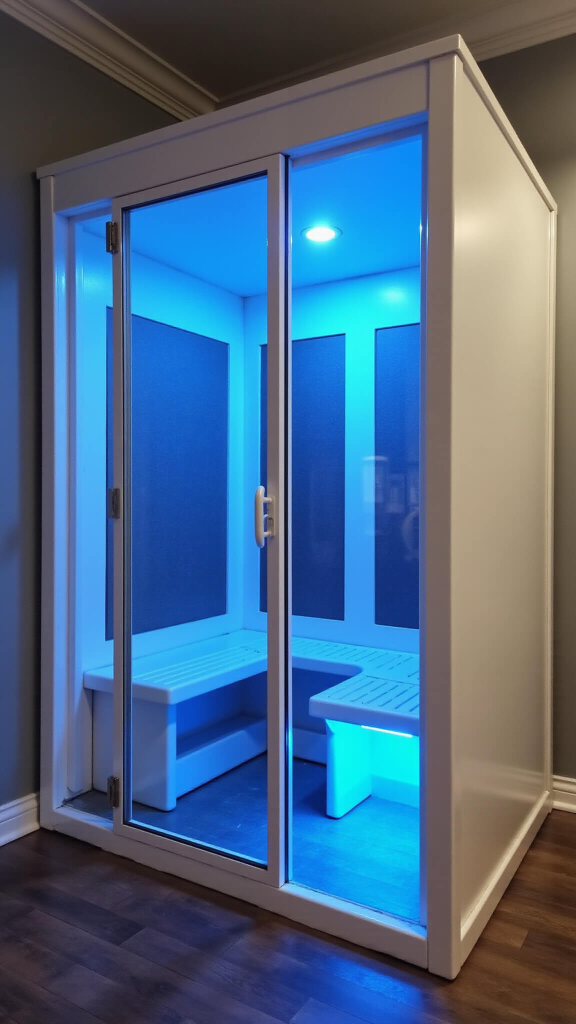 Compact urban sauna pod with curved benches, blue LED lighting, and smart glass walls in a modern white and gray design.