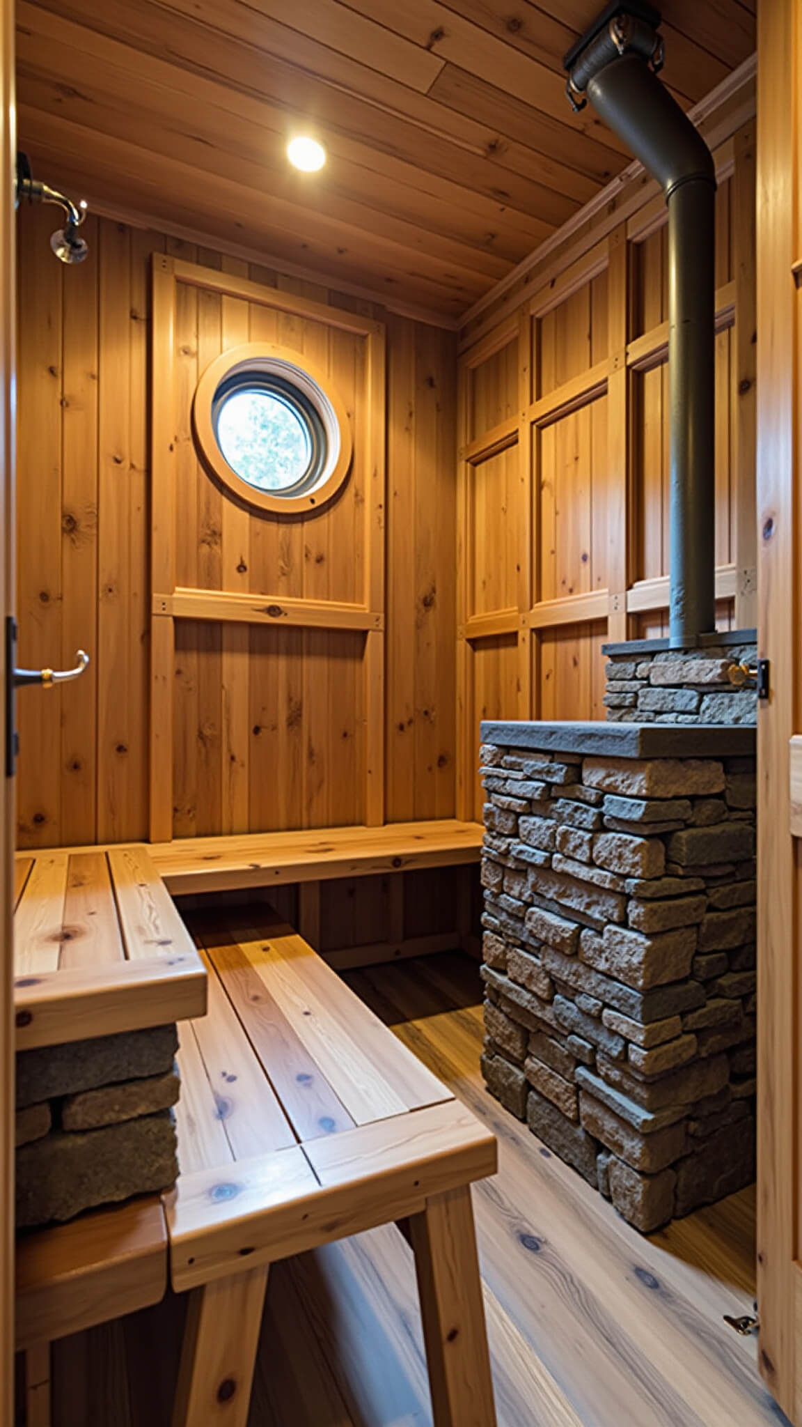 Rustic 8x8ft DIY cabin sauna with reclaimed wood, live edge benches, vintage copper fixtures, and stone heater, lit by natural and warm lights.