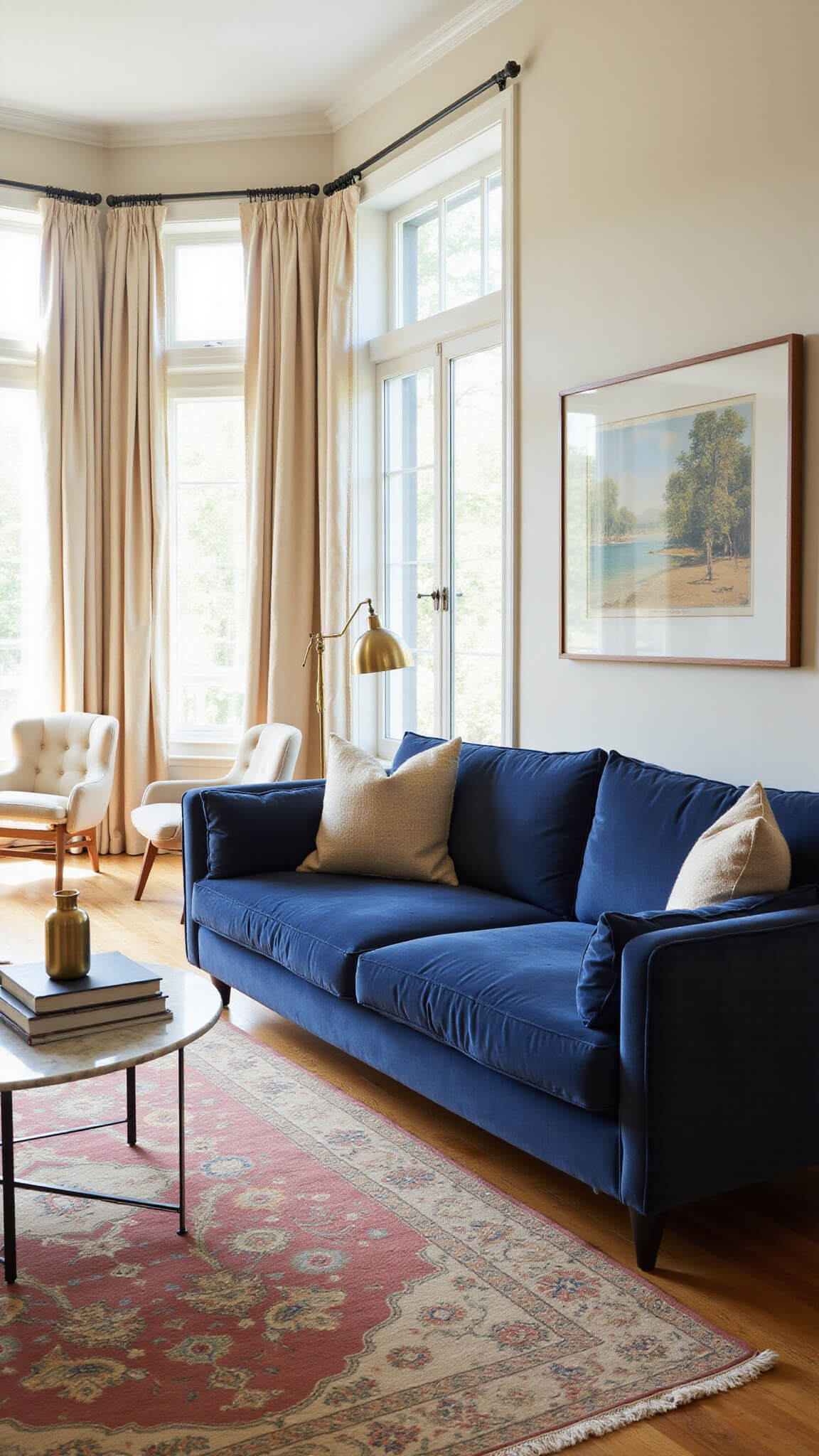 Sophisticated navy living room with navy velvet sofa, cream leather chairs, marble coffee table, Persian rug, and warm natural and brass lighting.