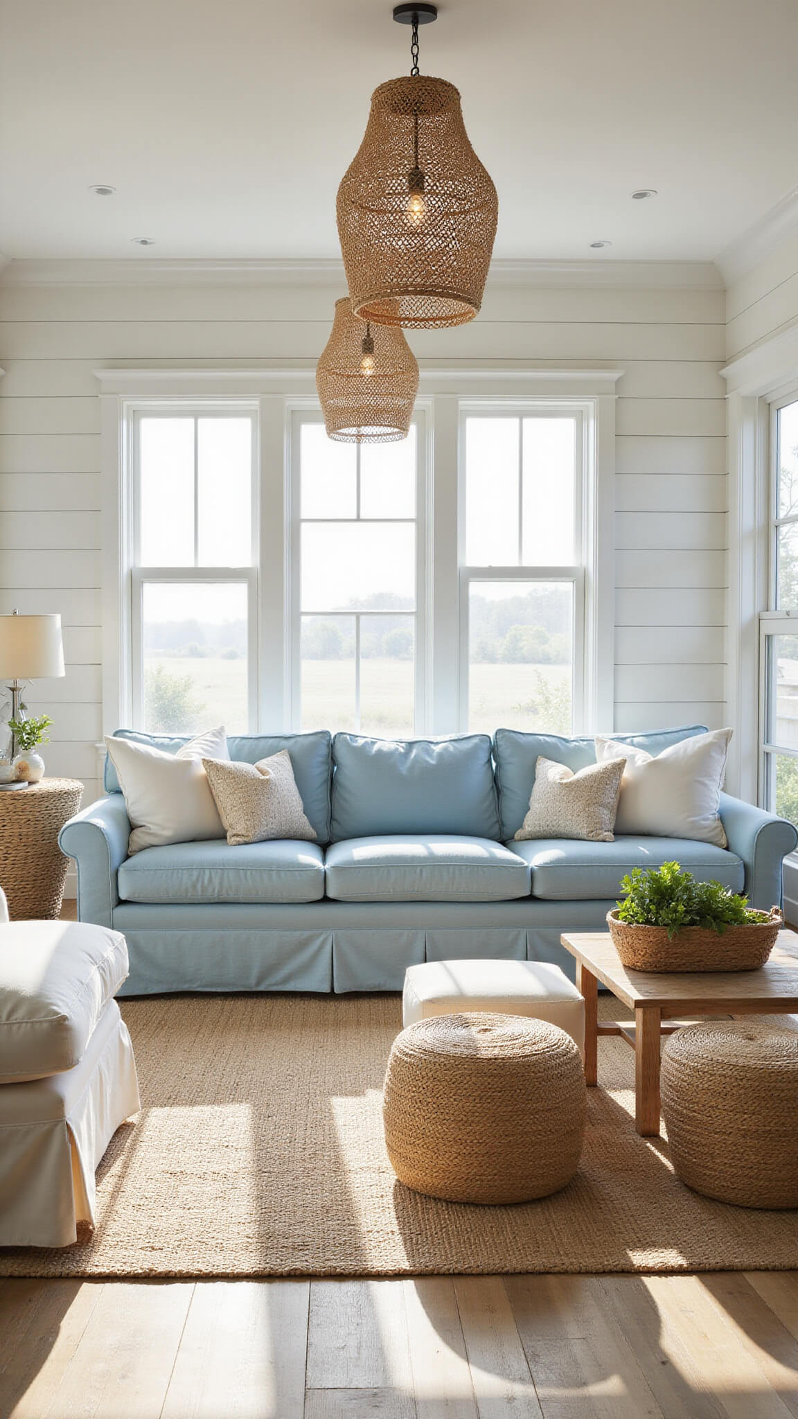 Coastal living room with powder blue sofa, white shiplap walls, rattan lighting, and beach-inspired décor in golden hour light.