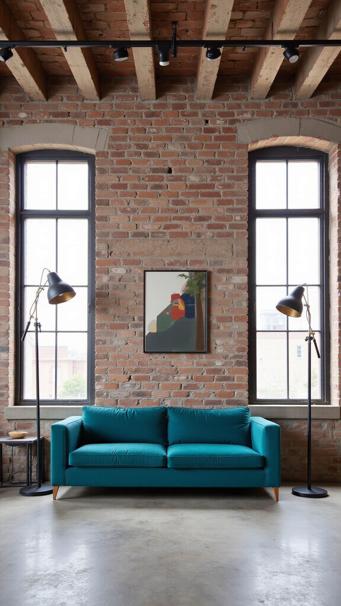 Teal velvet sectional in industrial urban loft with exposed brick, concrete accents, and dramatic backlit steel-framed windows.