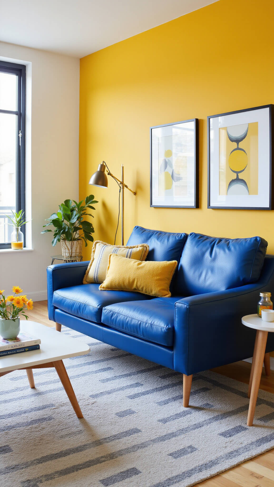 Bright contemporary living room with cobalt blue sofa, yellow accent walls, light wood furniture, geometric rugs, and brass lighting fixtures.