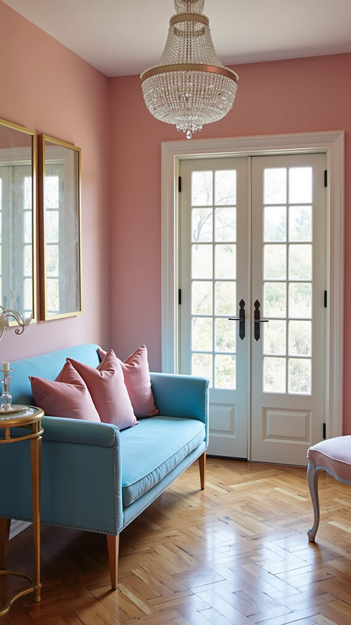 Elegant blush pink sitting room with sky blue velvet settee, crystal chandelier, herringbone floors, and soft natural light through French doors.