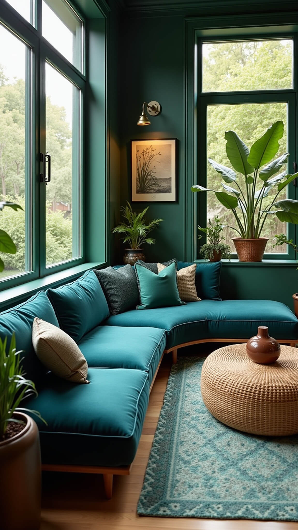 Corner view of a 20x22ft room with floor-to-ceiling windows, deep blue sofa, green accents, lush indoor plants, wooden elements, and warm afternoon light.