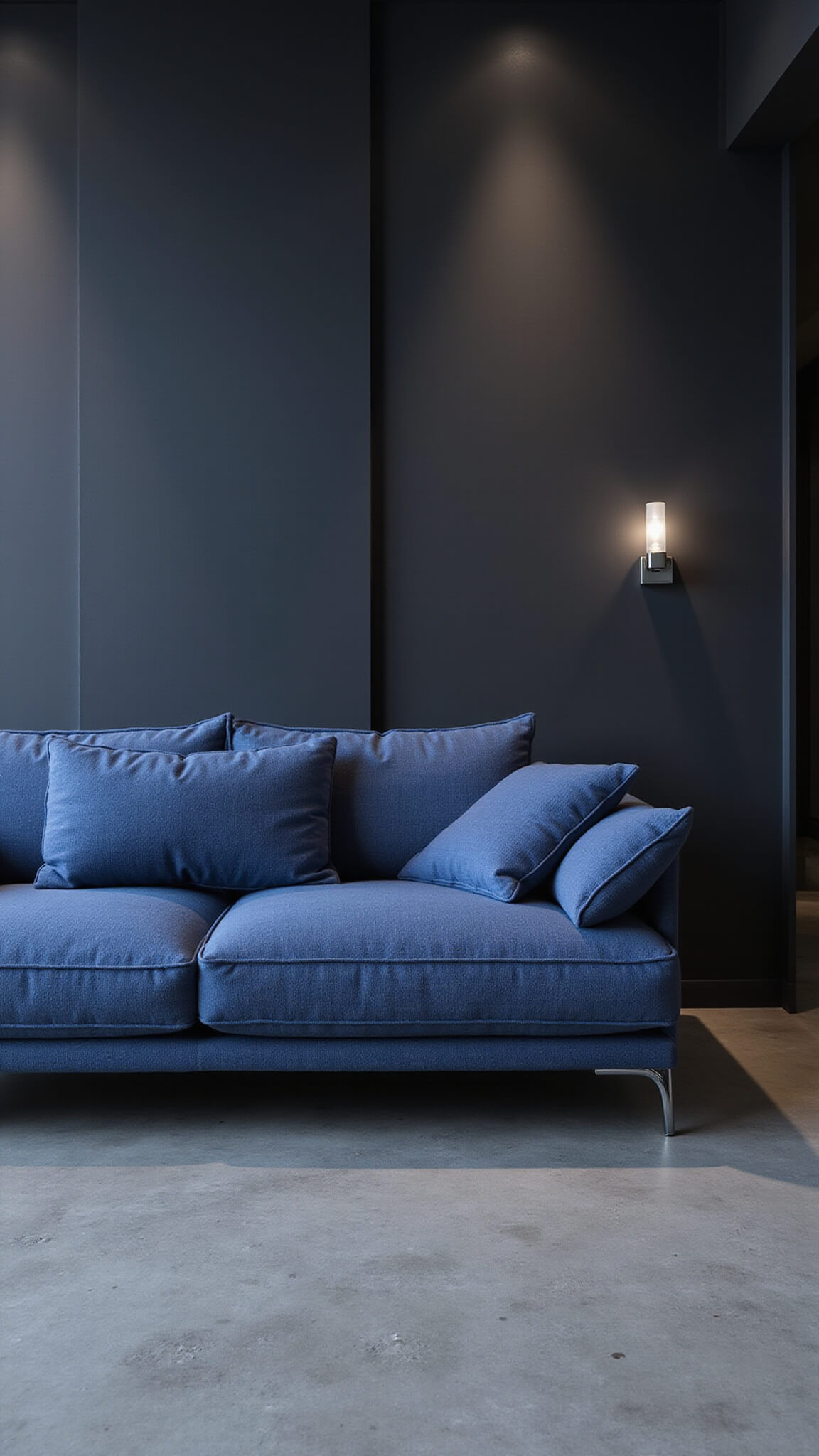 Modern minimalist room with polished concrete floors, midnight blue bouclé sofa, charcoal accent wall, and chrome accents lit during blue hour.