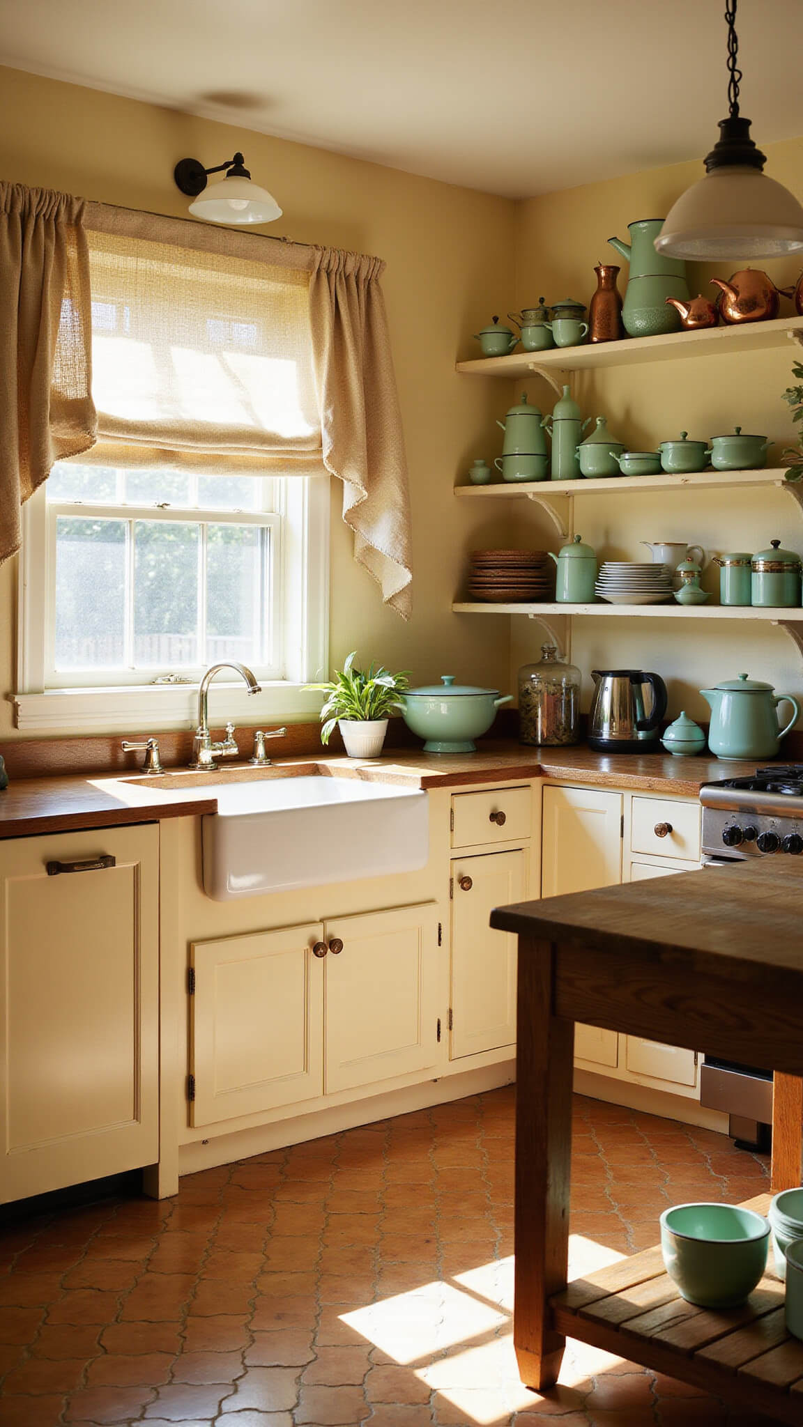 Sunlit vintage kitchen with pale yellow cabinets, farmhouse sink, mint-green enamelware, and copper accents, viewed from a low corner angle at golden hour.