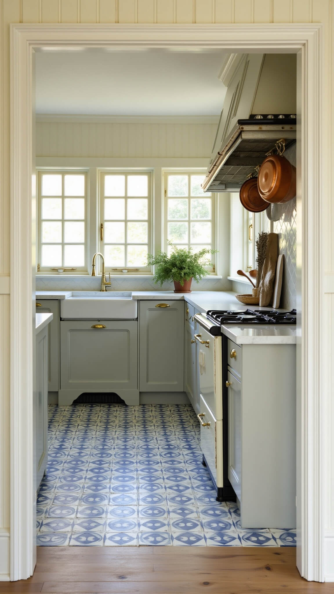 Wide-angle view of a French country kitchen with cream beadboard walls, dove-gray cabinets, marble countertops, a cream AGA stove beneath hanging copper pots, and natural light illuminating blue and white tiles, antique cutting boards, and dried lavender bundles.