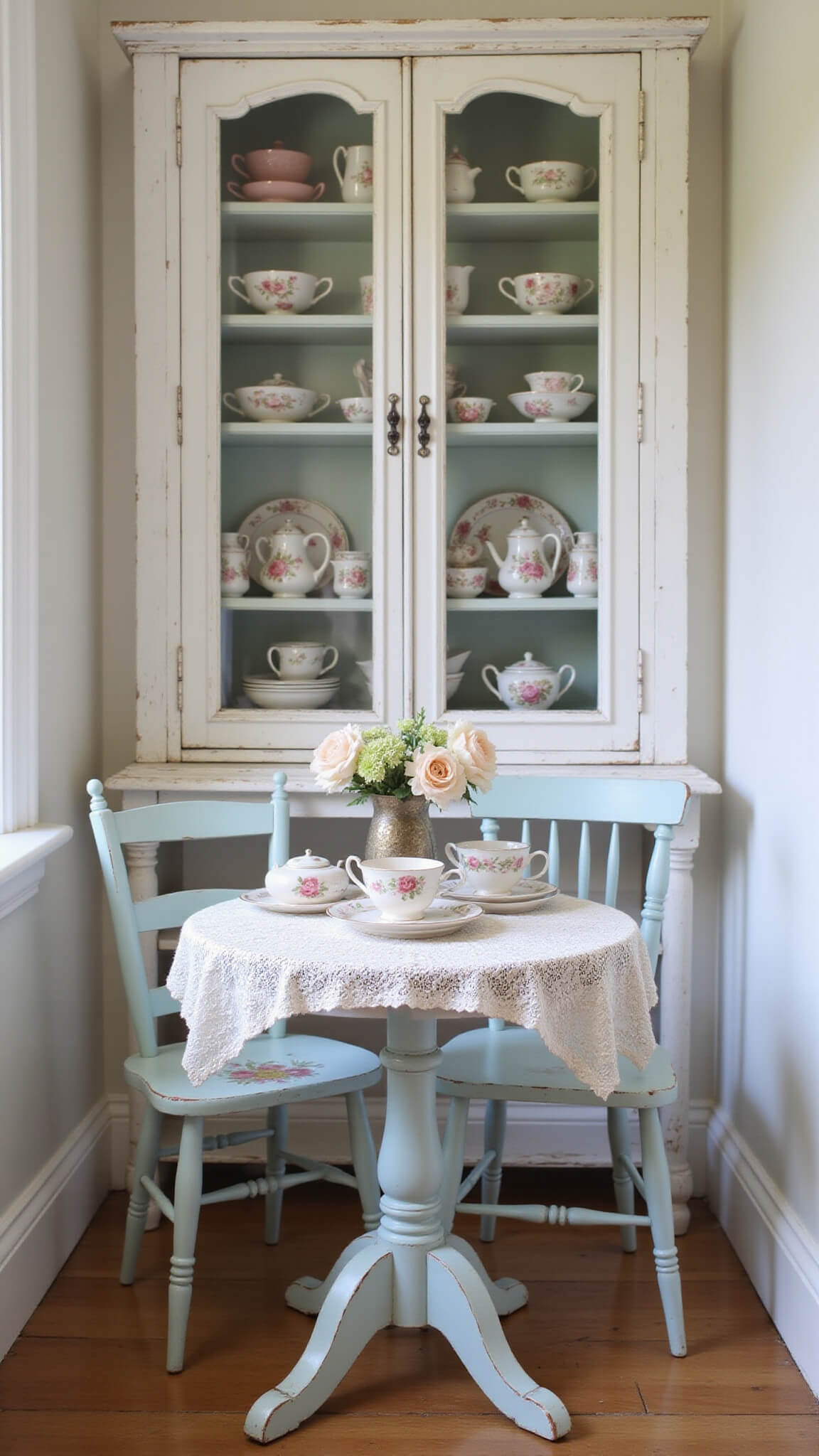Shabby chic kitchen nook with vintage rose china, lace-covered table, blue chair, and tea setting with flowers in soft morning light.