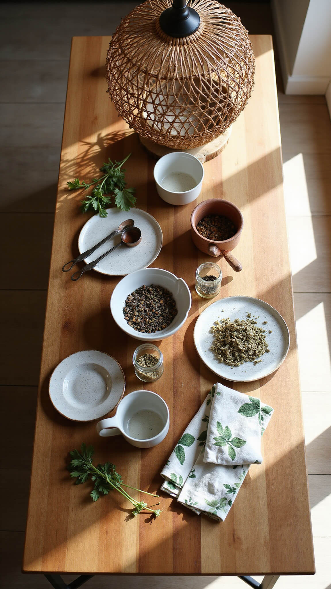 Overhead view of cottagecore kitchen island with butcher block top displaying earthenware bowls, vintage sifters, mason jars of dried goods, and fresh herbs under woven basket pendant light.