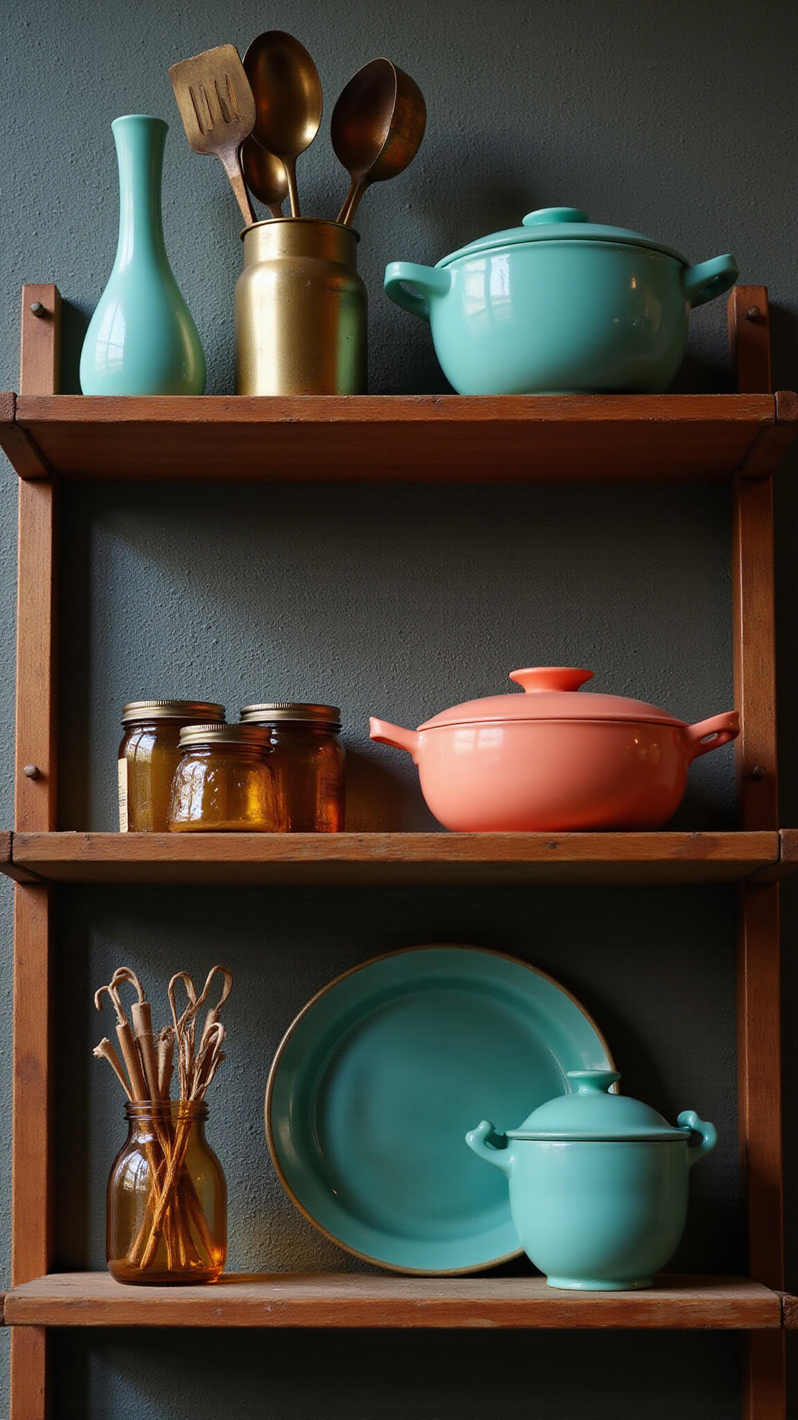 Close-up of vintage kitchen shelves with 1950s turquoise and coral Pyrex, brass utensils, and amber glass, moody dusk lighting and textured plaster wall backdrop.