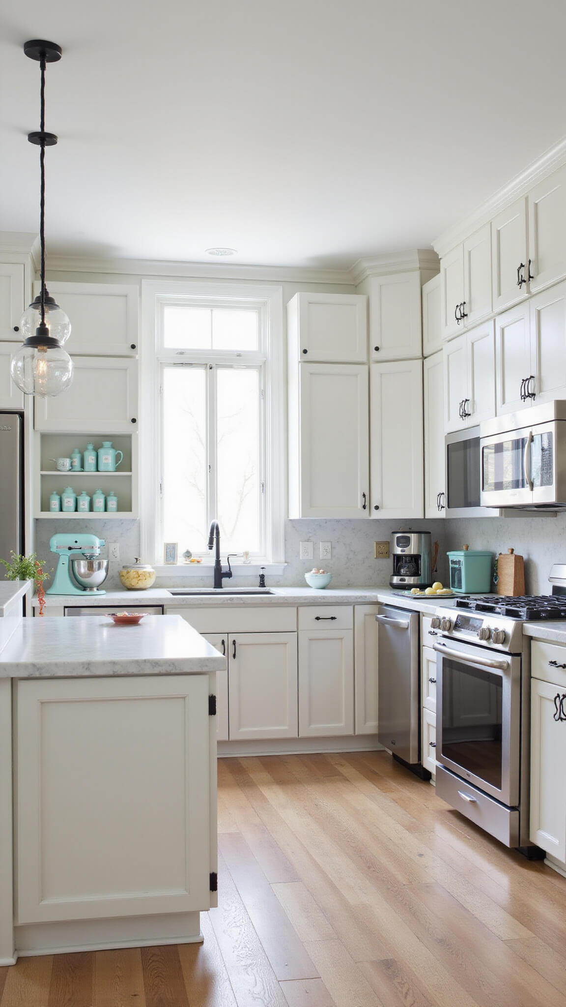 Modern-vintage kitchen with white shaker cabinets, stainless steel appliances, mint-green mixer, marble backsplash, and schoolhouse pendant lights in morning light.