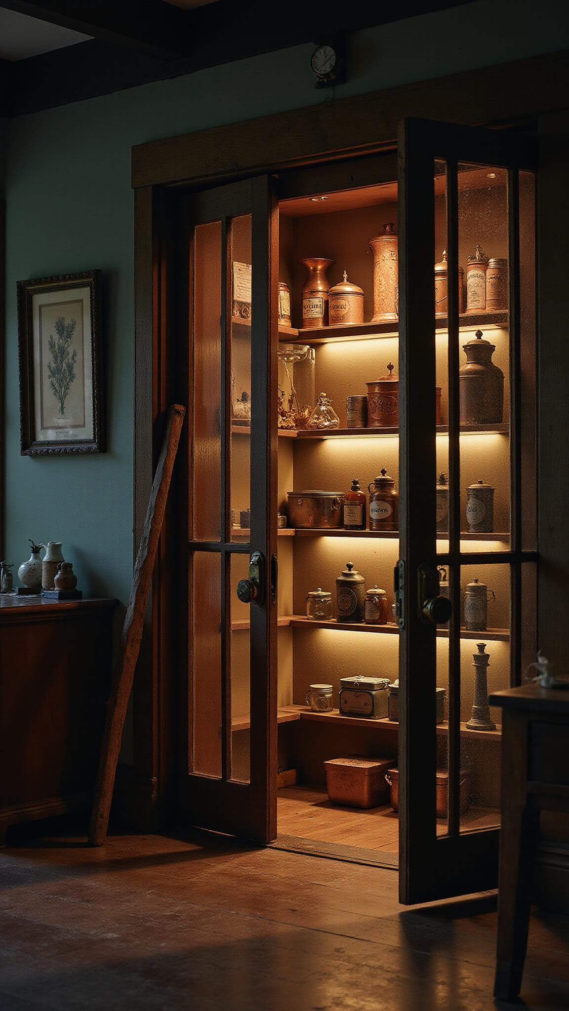 Low-angle view of twilight-lit kitchen corner with glass-front pantry displaying illuminated vintage tins and jars, wooden ladder on rail, moody lighting, tilt-shift effect.