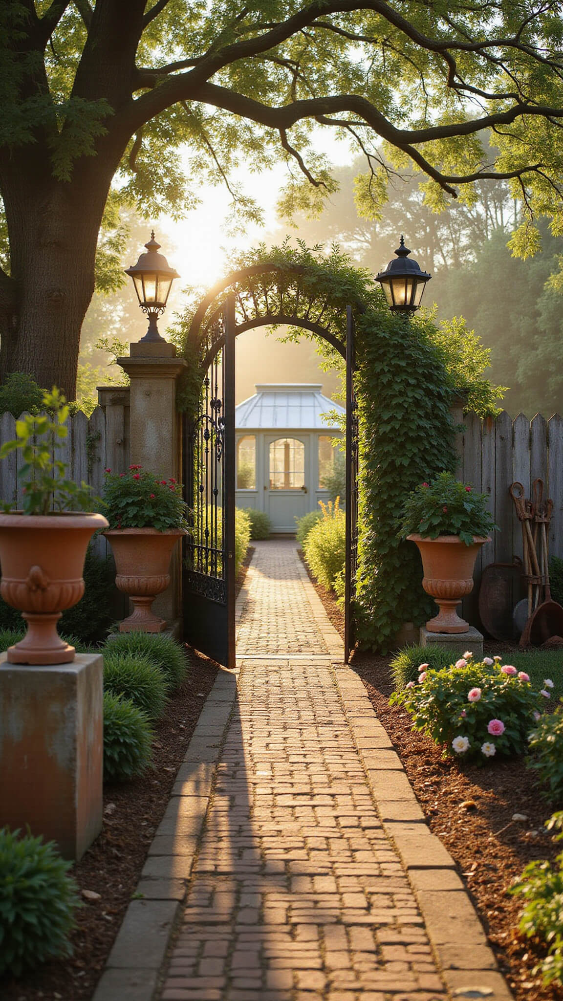 Early morning view of a sunlit cottage garden with a rose-covered wrought iron gate, vintage terracotta pots, overflowing urns, and a Victorian greenhouse in soft mist.