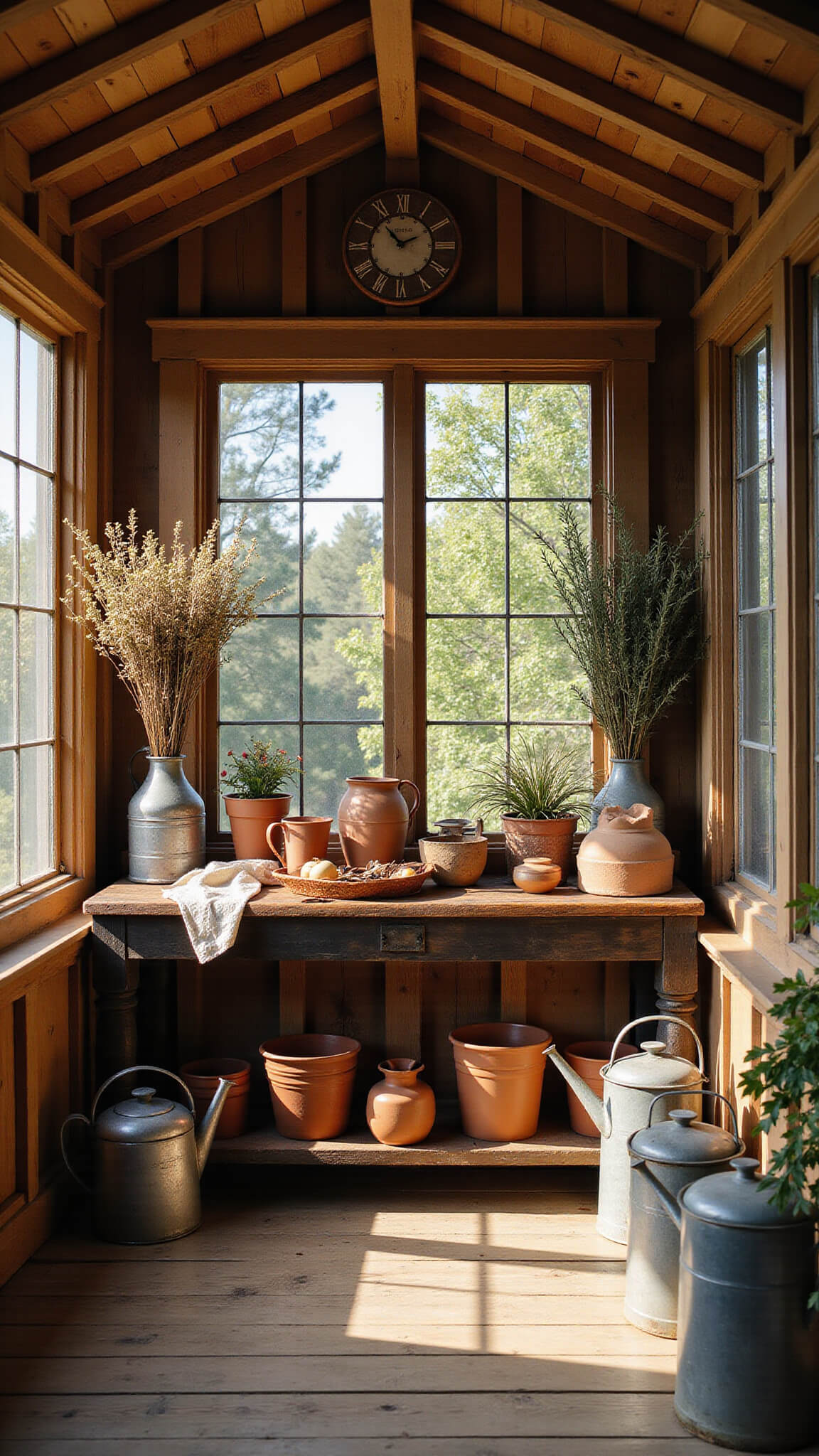 Vintage garden pavilion interior with potting bench, clay pots, dried herbs, and warm afternoon light through leaded windows.