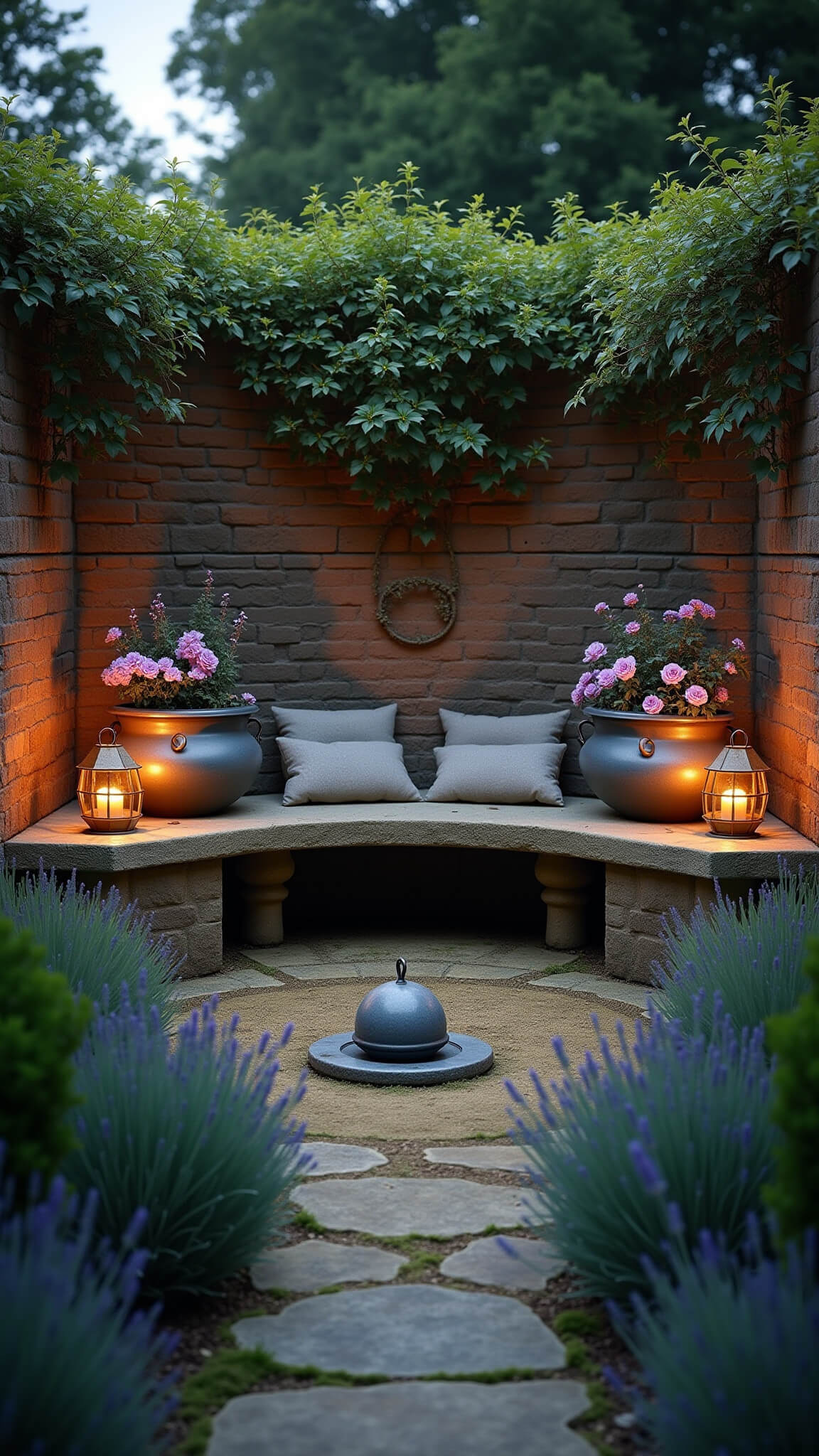Intimate garden nook at dusk with curved limestone bench, vintage lanterns, espaliered fruit trees, and antique planters filled with lavender and roses.