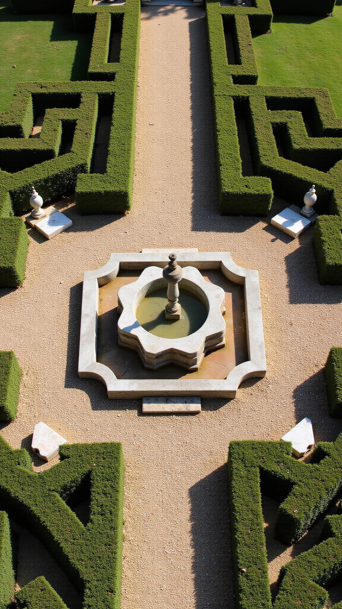Bird’s eye view of a symmetrical 20'x20' formal garden quadrant with central stone fountain, boxwood parterres, corner marble statuary, gravel paths, and strong midday shadows highlighting geometric layout.