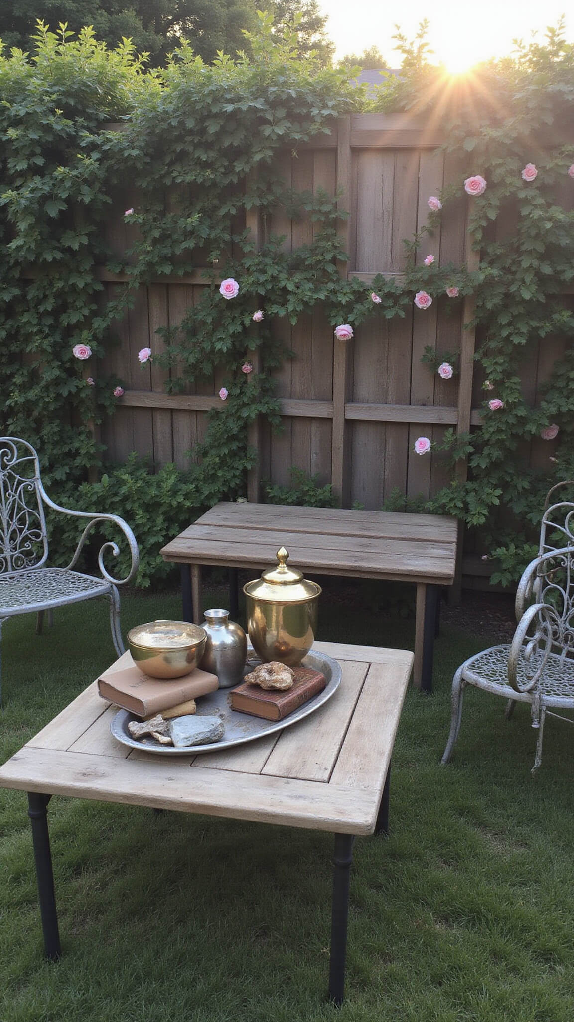 Romantic cottage garden sitting area at sunset with vintage metal furniture around a rustic wooden table adorned with antique books, mercury glass, and natural curiosities; climbing roses and wooden trellis in soft backlight.
