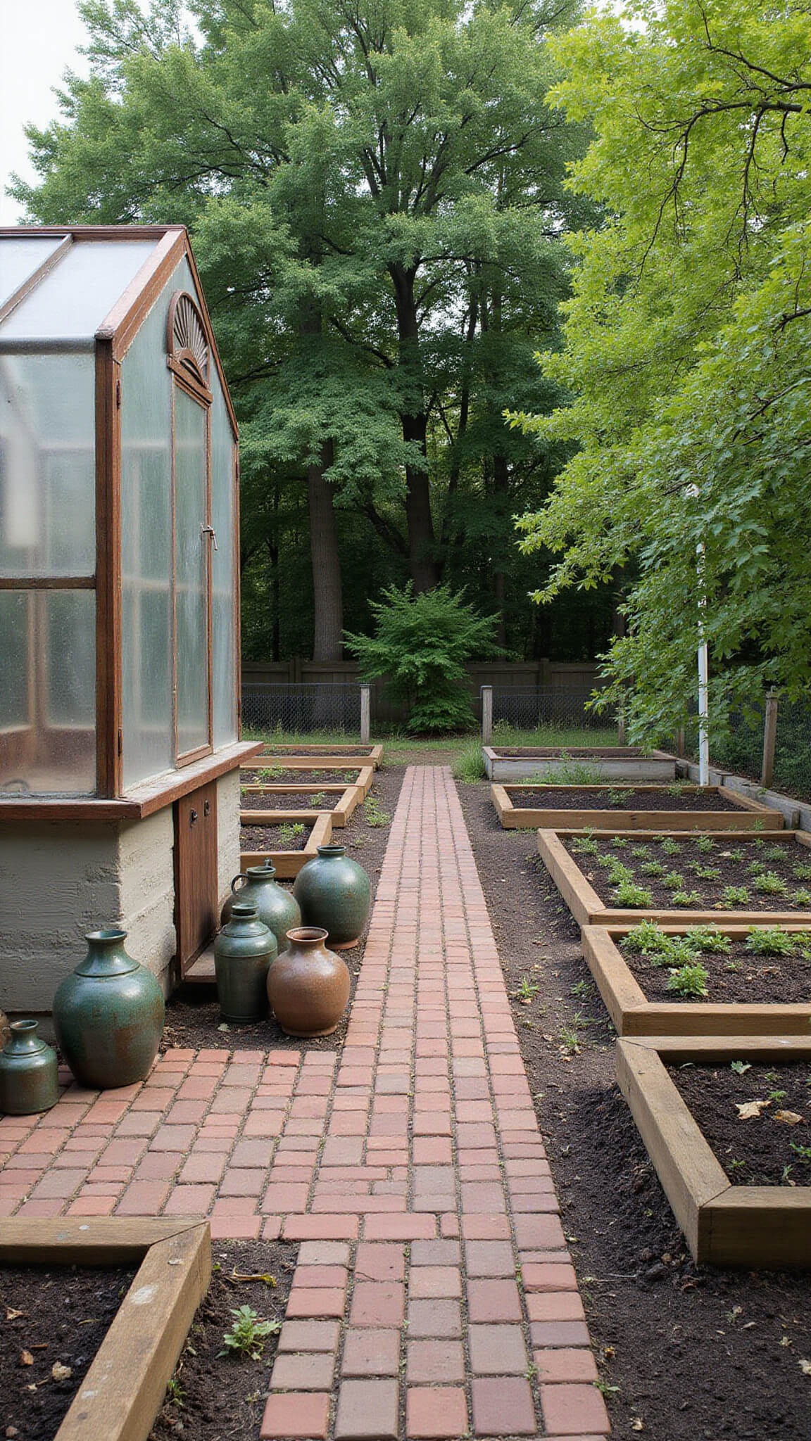 Corner view of 25'x25' kitchen garden with reclaimed brick paths, weathered wooden beds, Victorian coldframe with verdigris copper, vintage clay forcing pots and bell jars, all lit by morning side light.