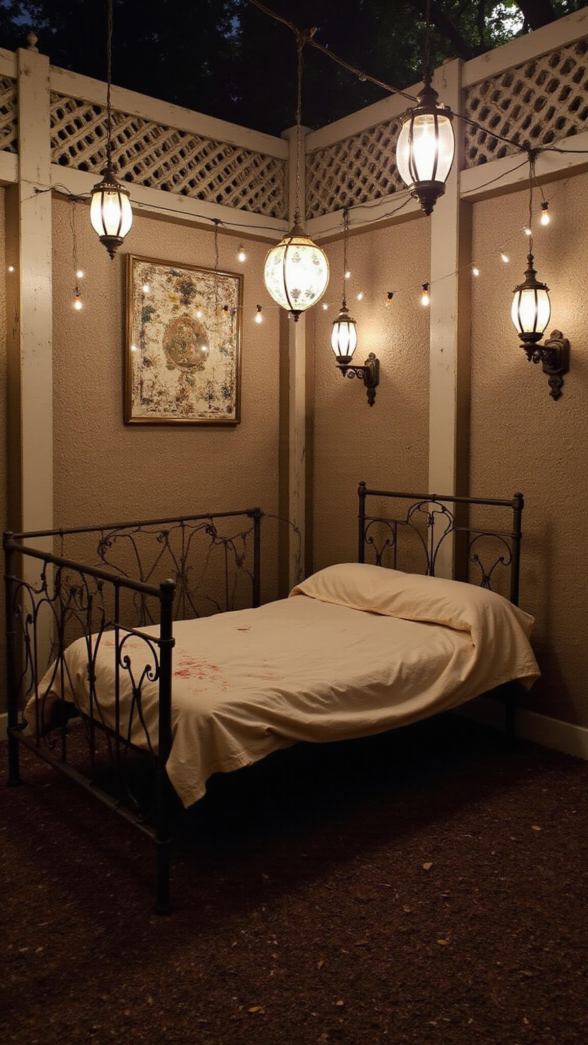 Twilight garden room with vintage lanterns, string lights, iron daybed, and weathered architectural wall art, viewed from above in dreamy lighting.