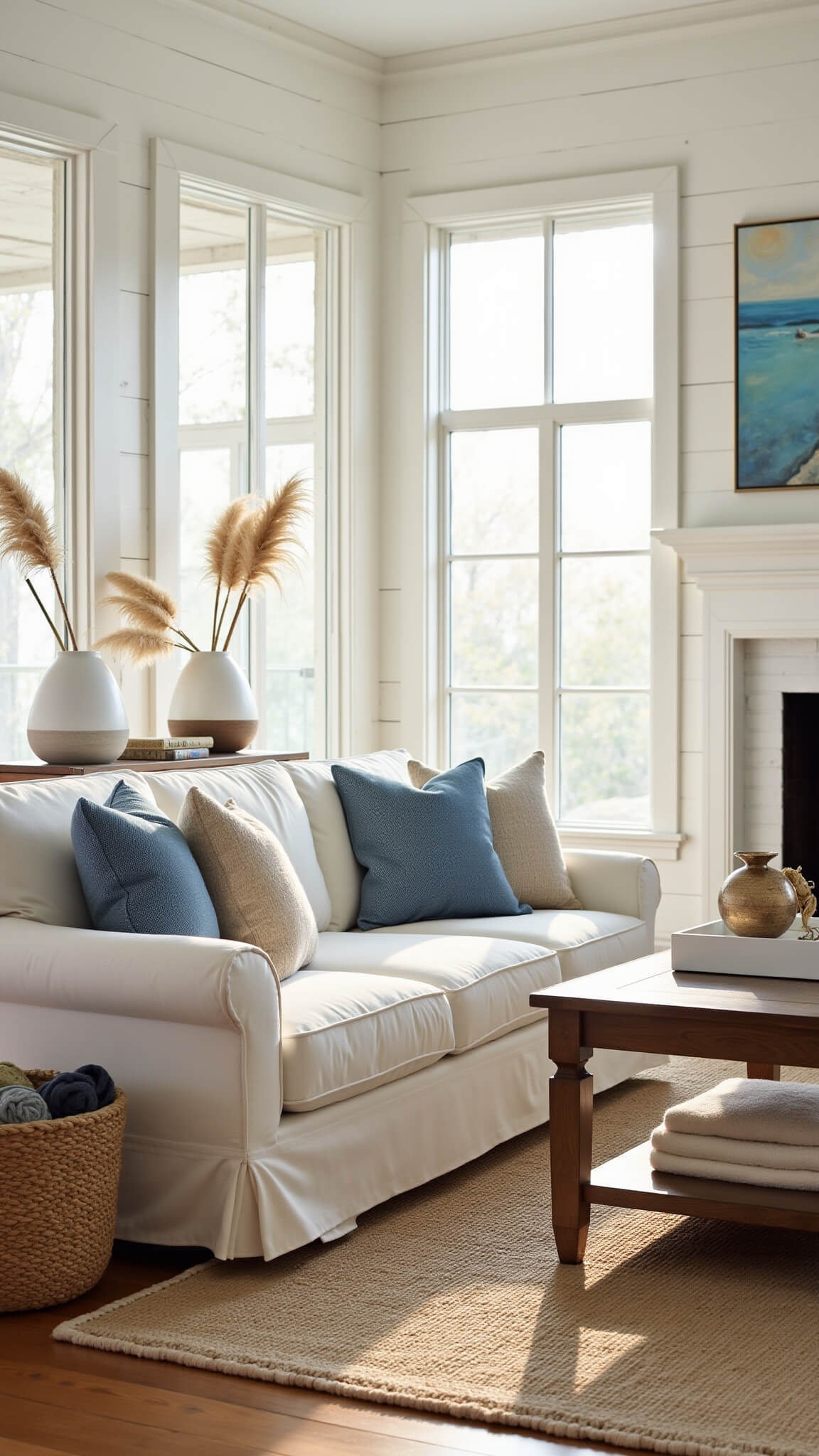 Coastal-style living room with cream slipcovered sofa, oak coffee table, and morning light streaming through floor-to-ceiling windows.