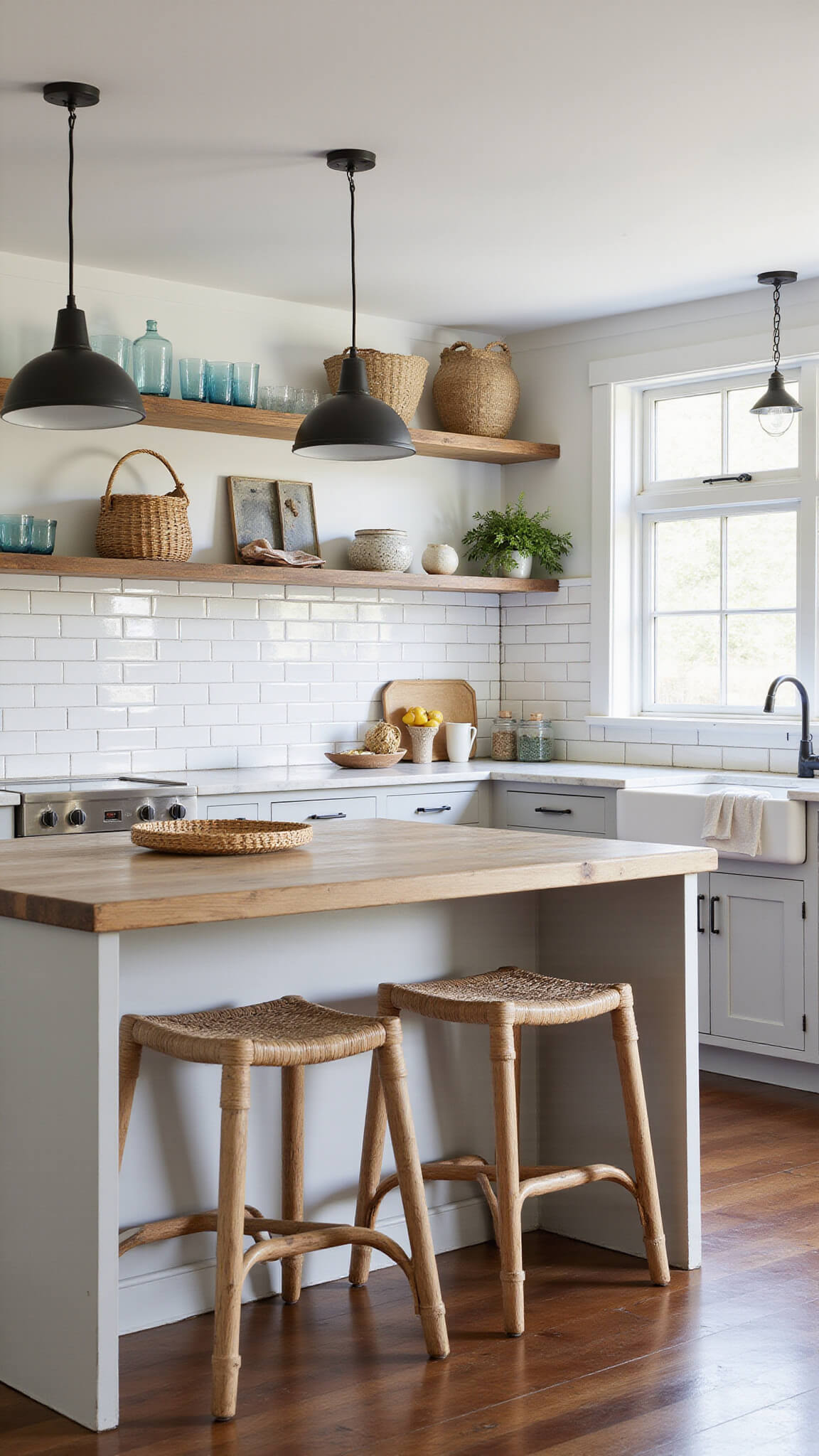 Farmhouse kitchen with pale gray Shaker cabinets, marble countertops, barn wood island, and vintage pottery on open shelves, captured in warm afternoon light.