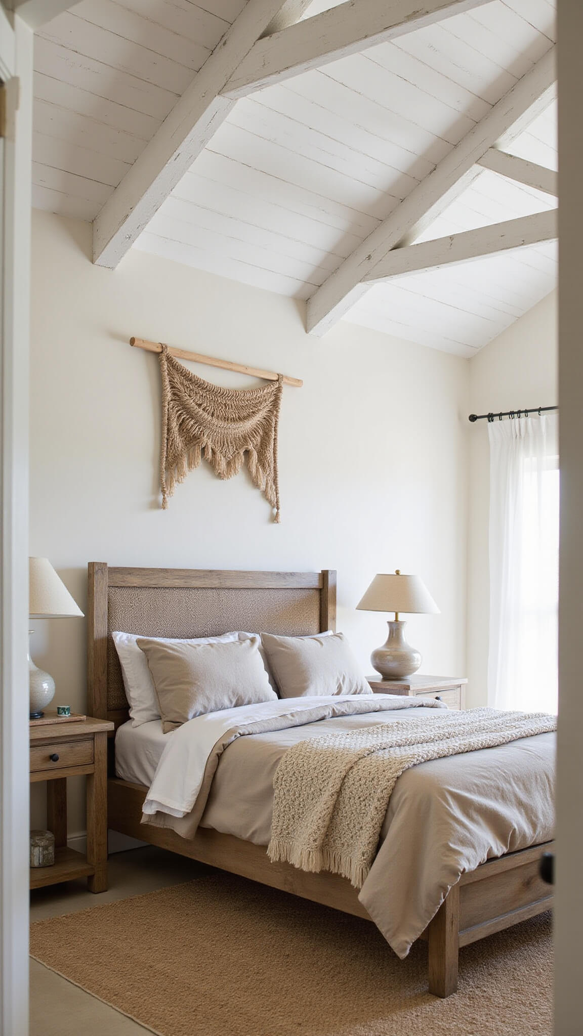 Master bedroom with vaulted ceiling and whitewashed beams, king bed with rumpled oatmeal linen bedding, distressed wood nightstands, gauzy curtains filtering dawn light, and woven wall hanging above bed.