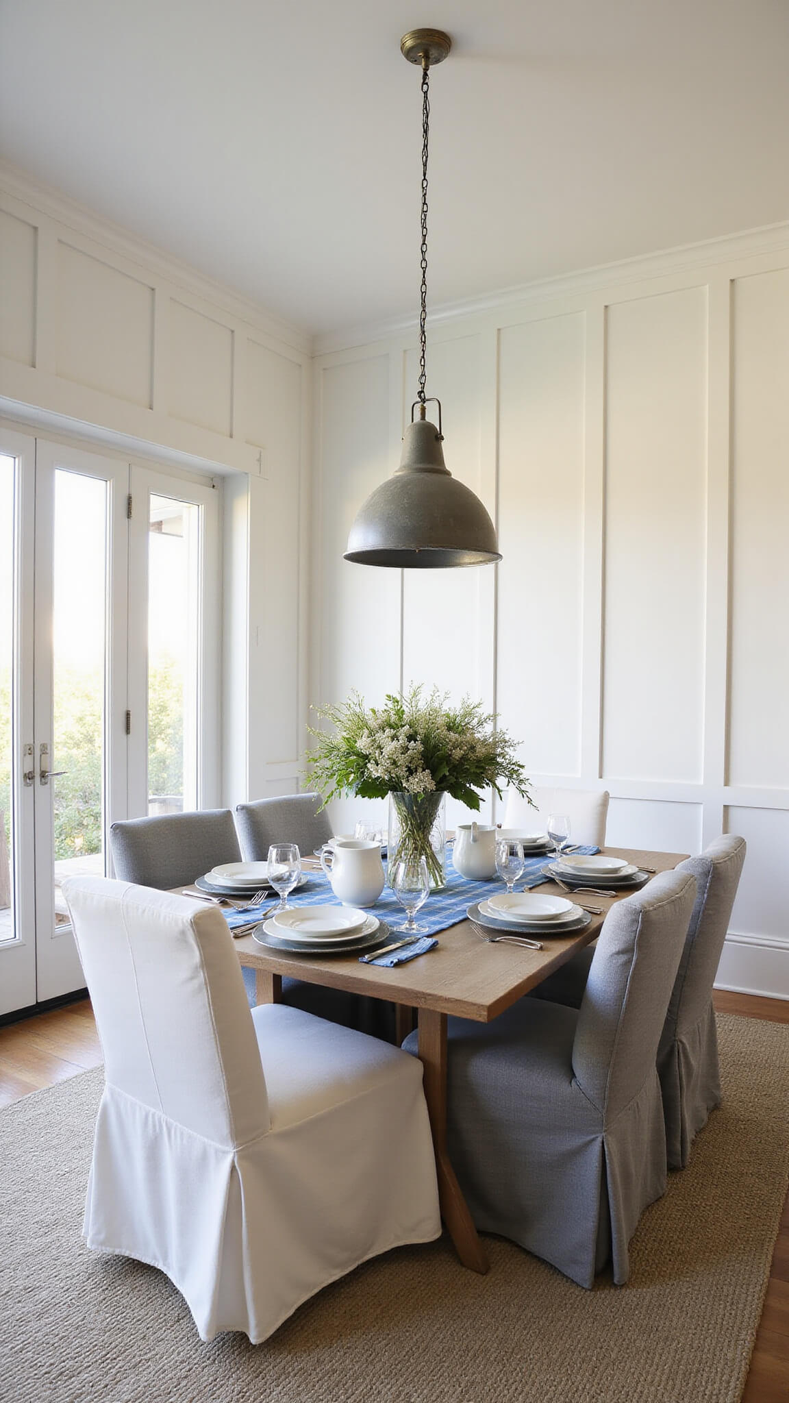 Golden hour light fills a 14x16ft white board and batten dining room with a driftwood farmhouse table, mixed seating, zinc pendant light, and blue-striped runner, viewed from the corner through French doors.