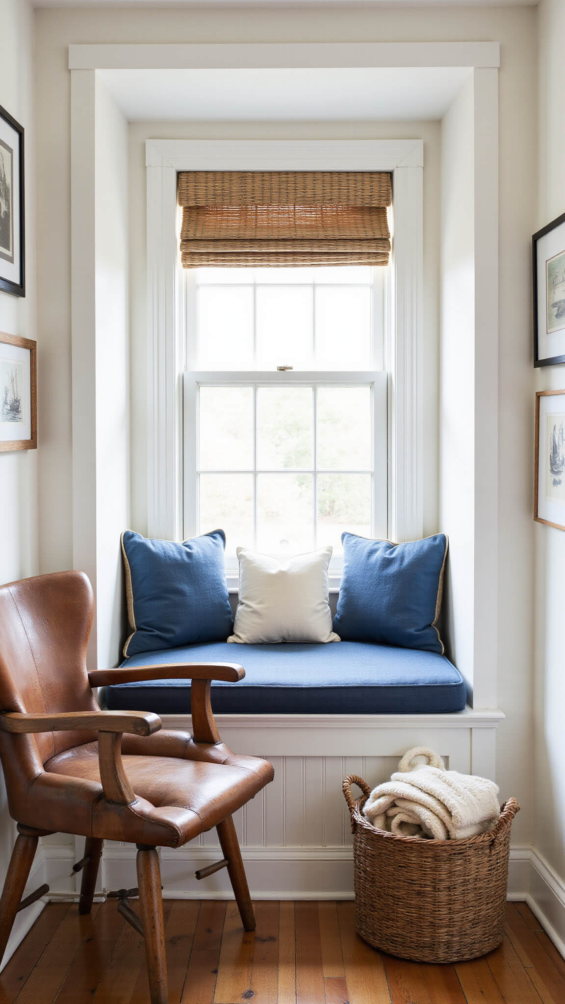 Cozy 8x10ft reading nook with window seat in coastal tones, leather armchair, rustic decor, and warm afternoon light.