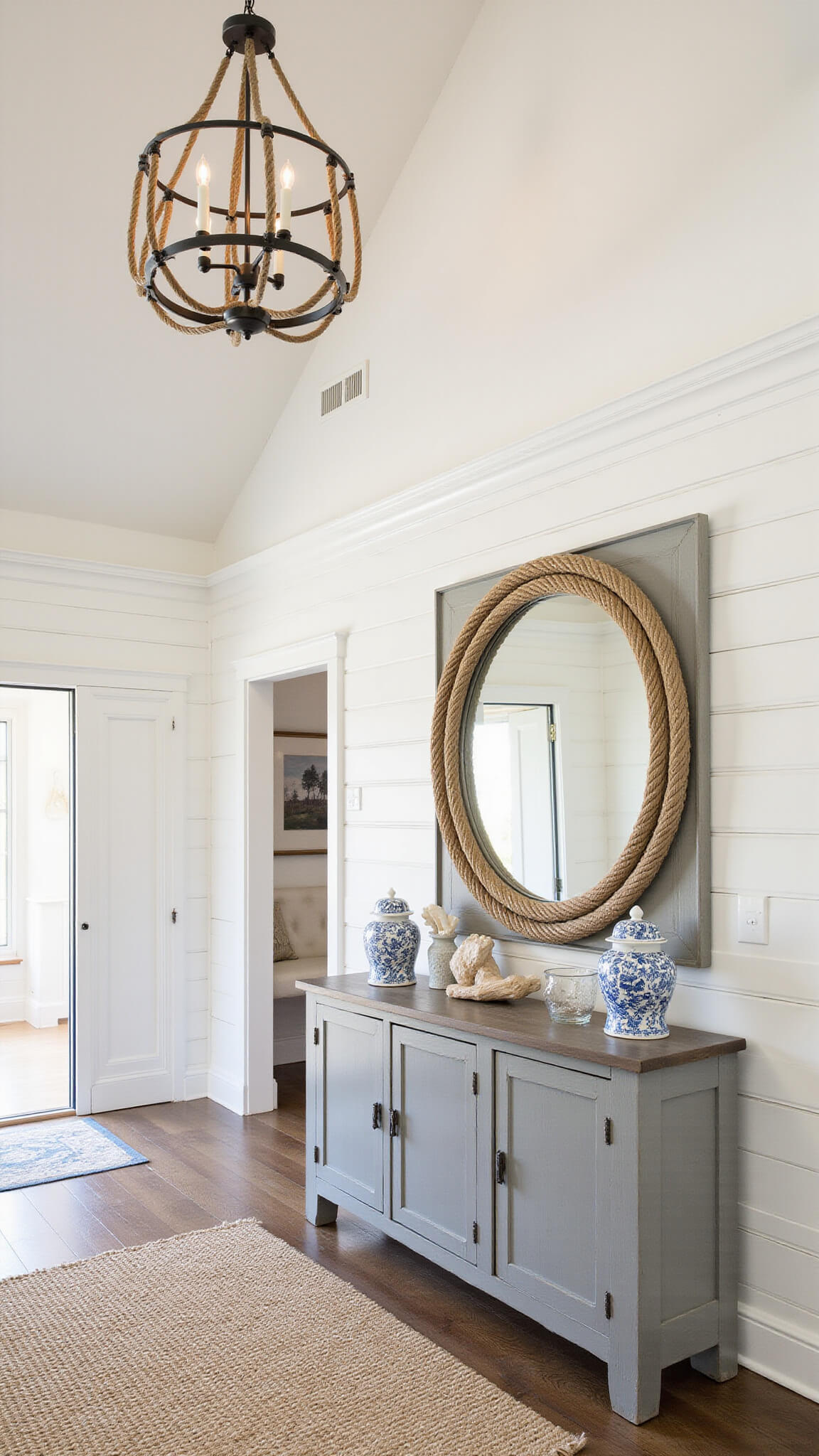 Entry foyer with 12ft ceiling, rope chandelier, shiplap walls, vintage gray console, round rope mirror, blue and white ginger jars, driftwood accents, seagrass runner, and staircase in background.