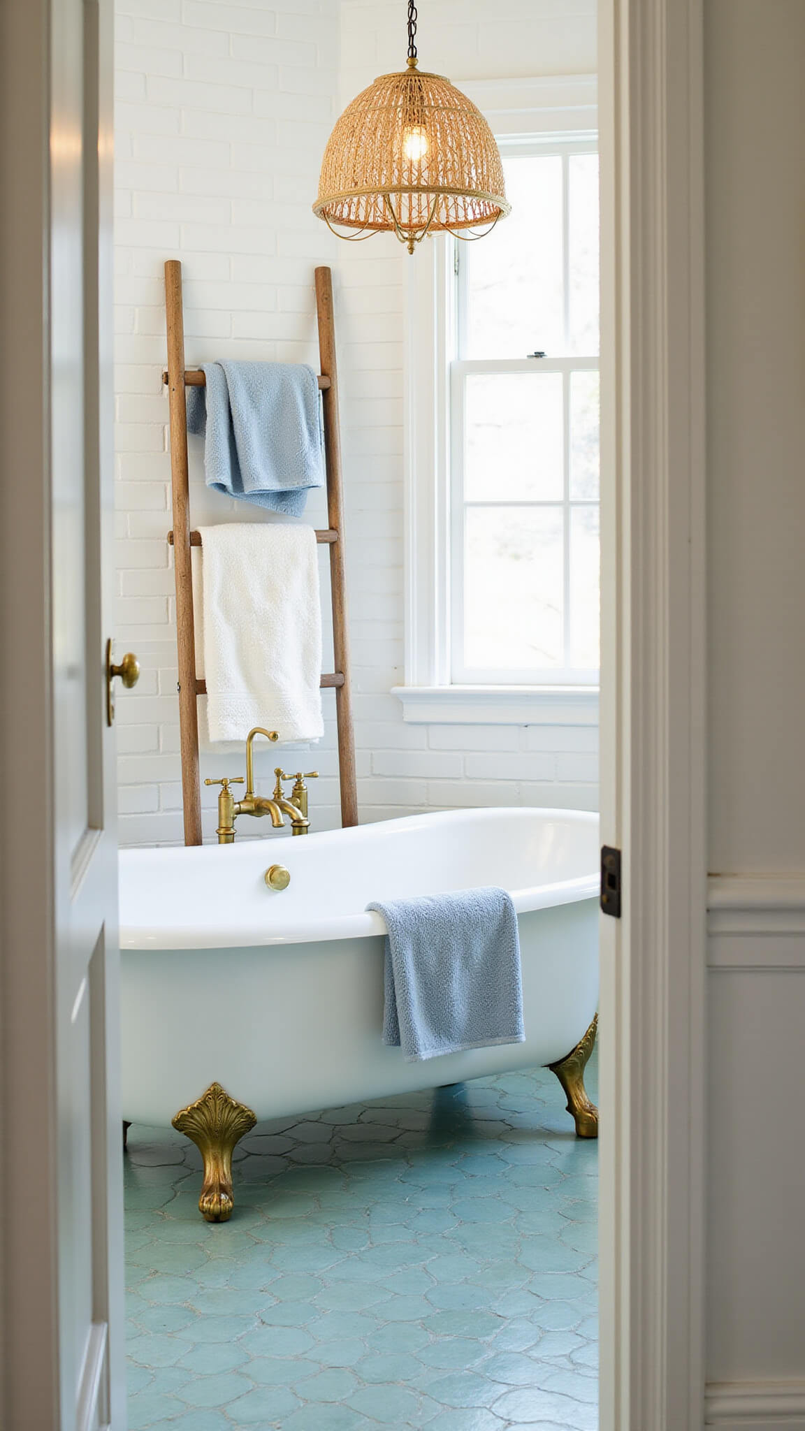 Clawfoot tub bathroom with white subway tile, sea glass floor, brass fixtures, vintage towel ladder, and woven pendant light, viewed from doorway in morning light.