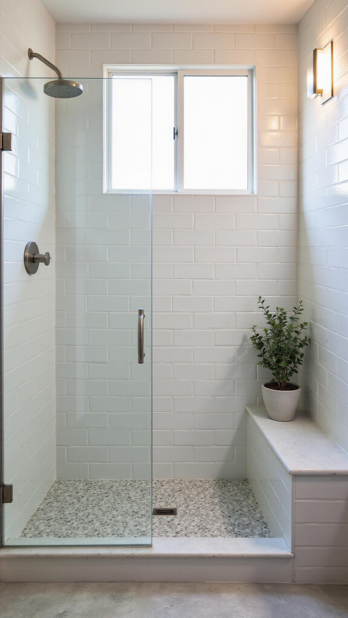 High-angle view of a bright corner walk-in shower with white subway tiles, brushed nickel fixtures, quartz bench, geometric floor tiles, and natural light streaming through a frosted window.