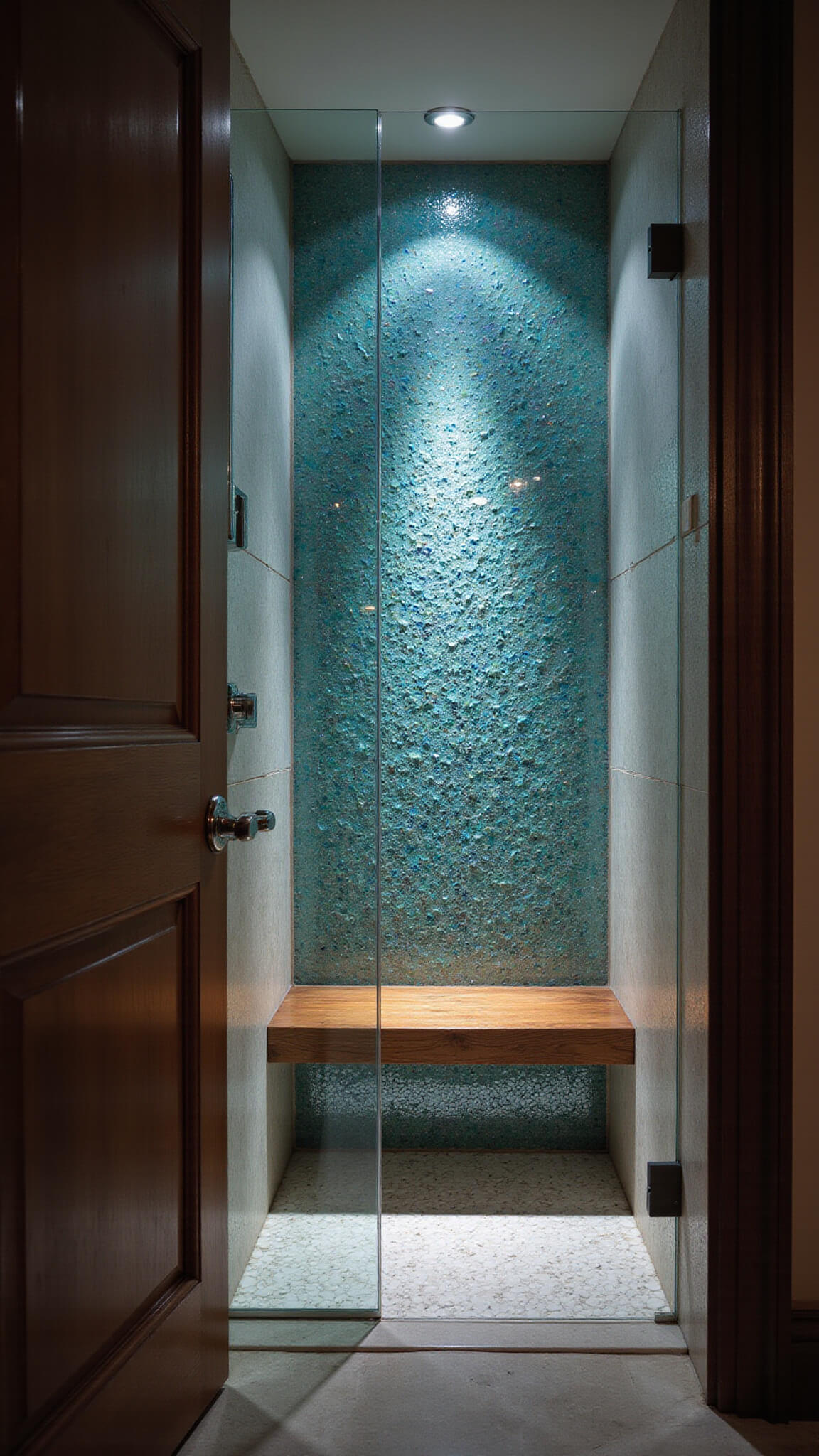 Compact neo-angle shower with LED-lit aqua and silver mosaic wall, frameless glass panels, floating teak bench, and white penny tile floor.