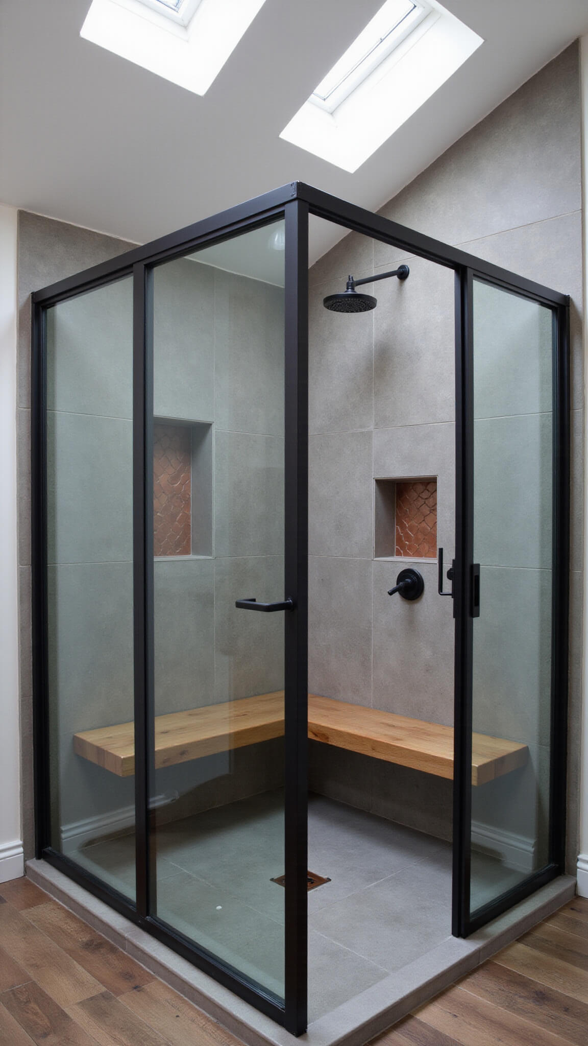 Industrial-modern 6x6ft shower with black steel-framed glass, concrete-look tiles, floating wood bench, LED lighting, copper-accent niches, and skylight shadows.