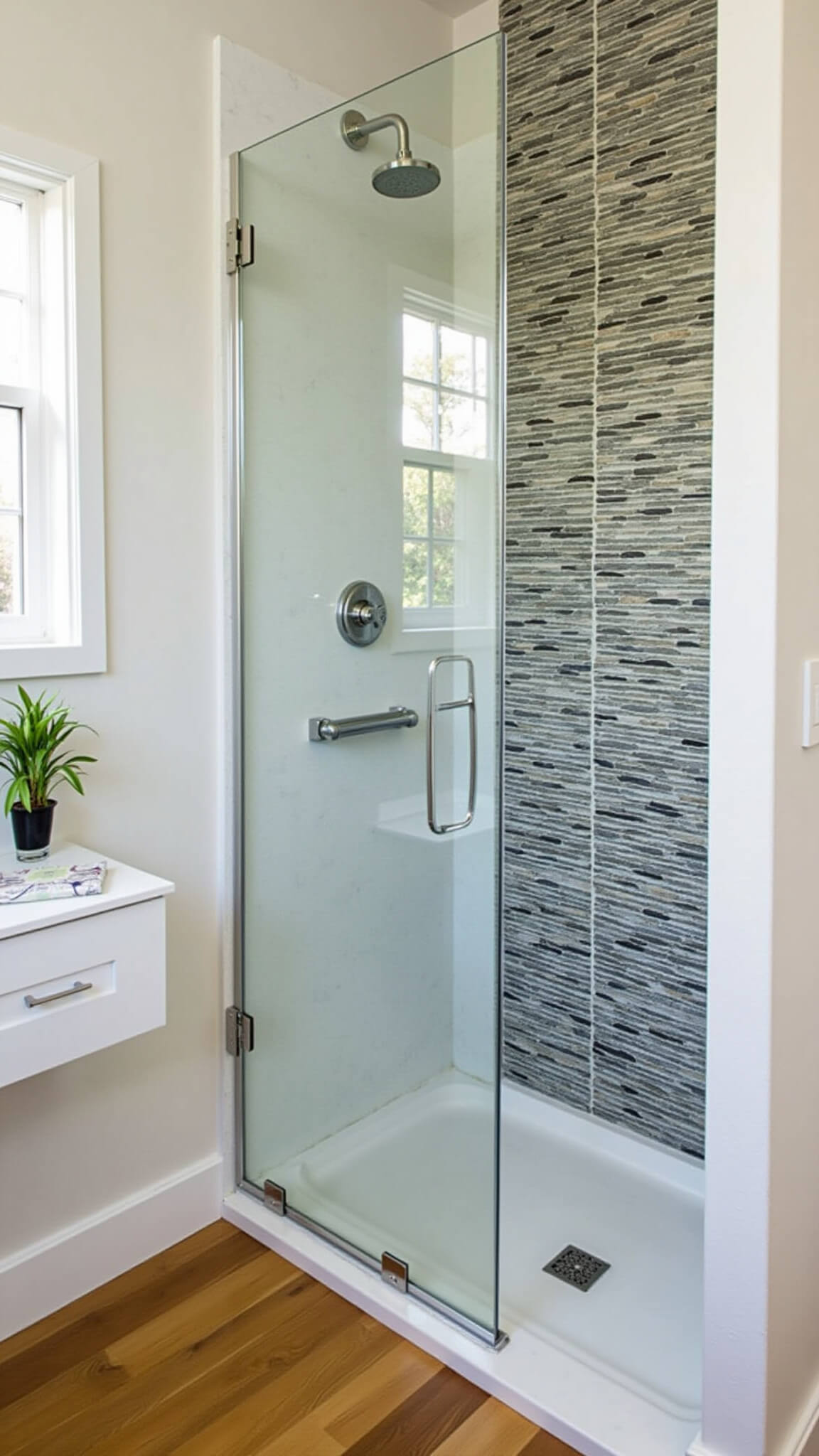 Spa-style shower with pebble accent wall, glass panel, marble caddy, wood-look floor, and bamboo plant in soft afternoon light.